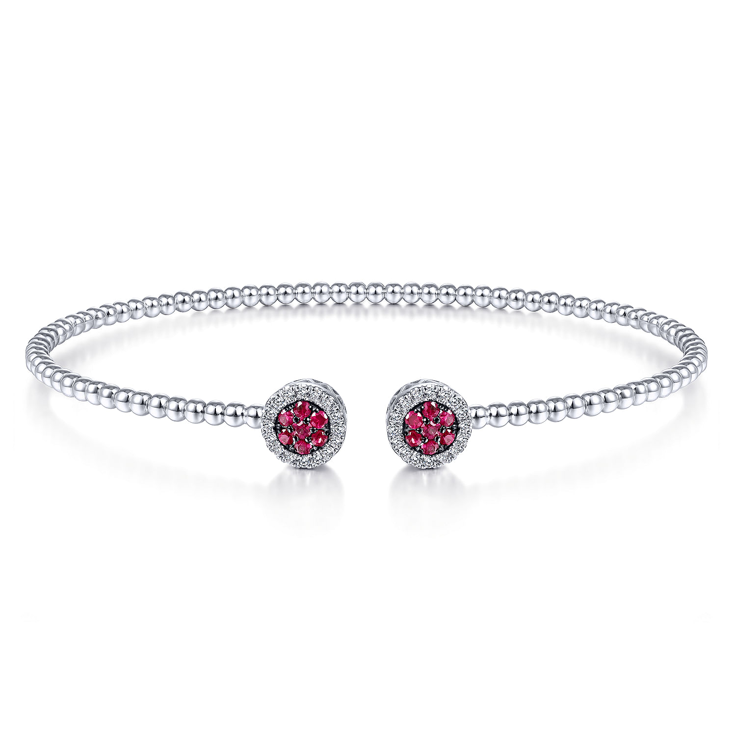 14K White Gold Bujukan Bead Cuff Bracelet with Ruby and Diamond Halo Caps