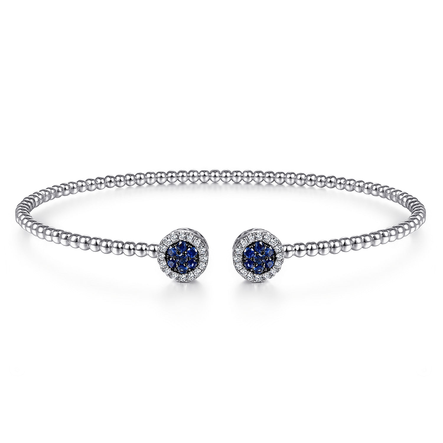 14K White Gold Bujukan Bead Cuff Bracelet with Sapphire and Diamond Halo Caps