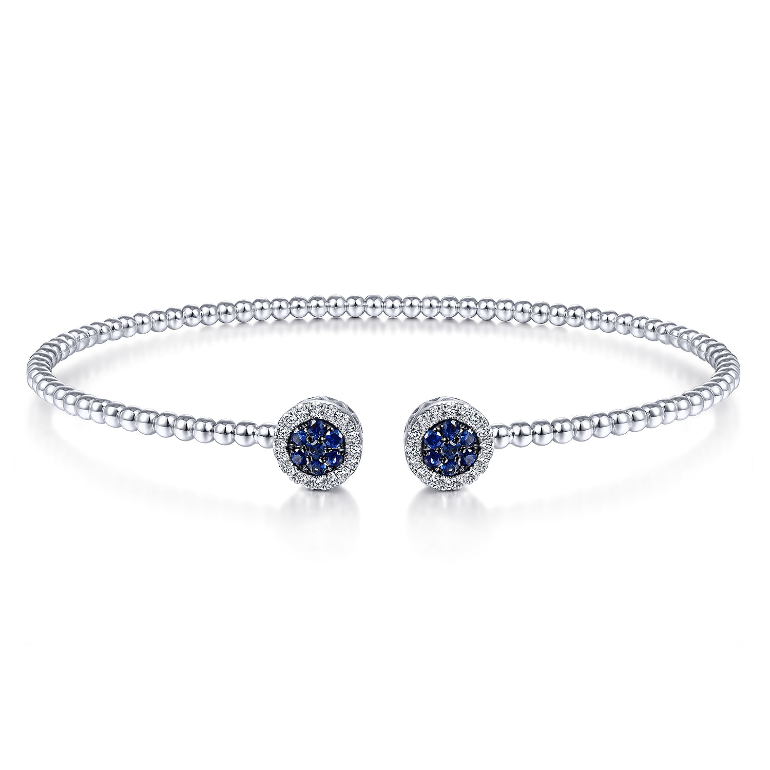 14K White Gold Bujukan Bead Cuff Bracelet with Sapphire and Diamond Halo Caps