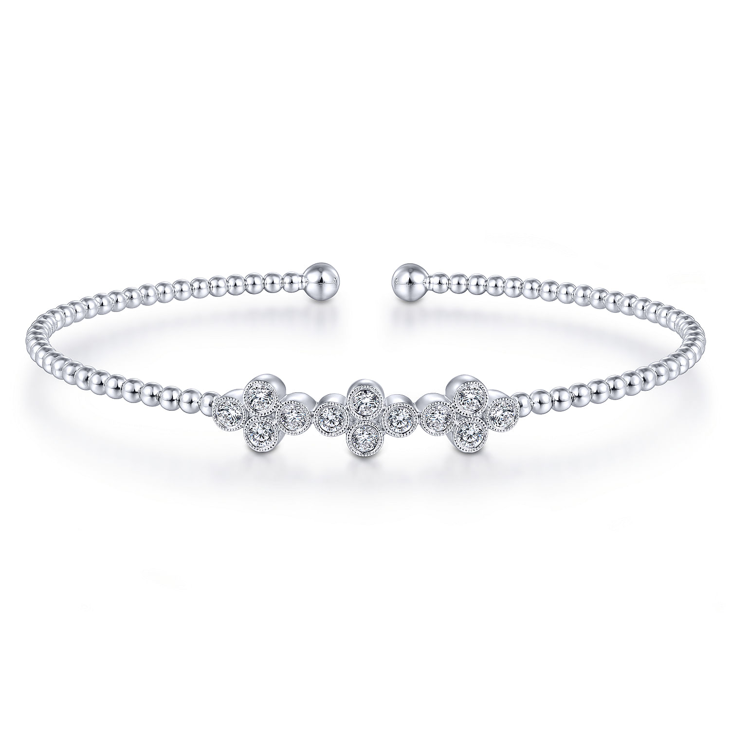 14K White Gold Bujukan Bead Cuff Bracelet with Three Quatrefoil Diamond Stations
