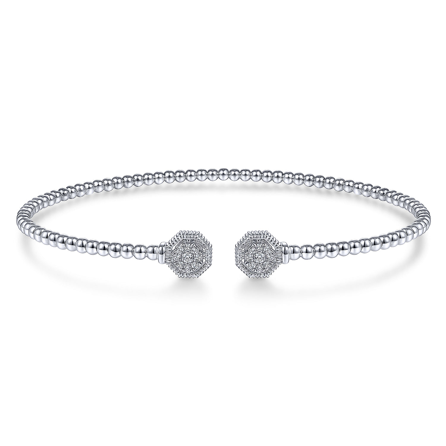 14K White Gold Bujukan Split Cuff Bracelet with Diamond Pave Hexagon Caps