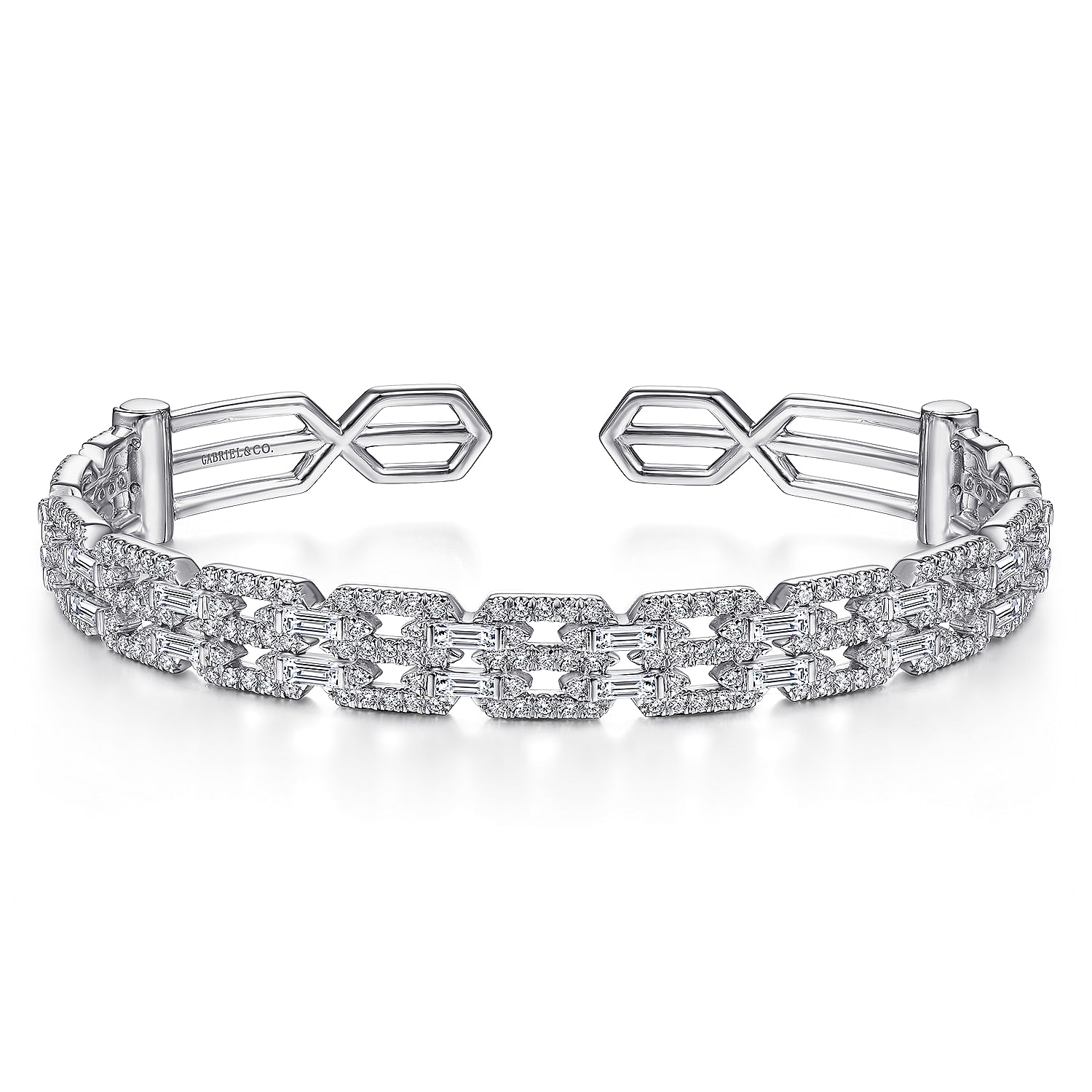 14K White Gold Diamond Chain Link Cuff Bracelet with Diamond Baguette Spacers