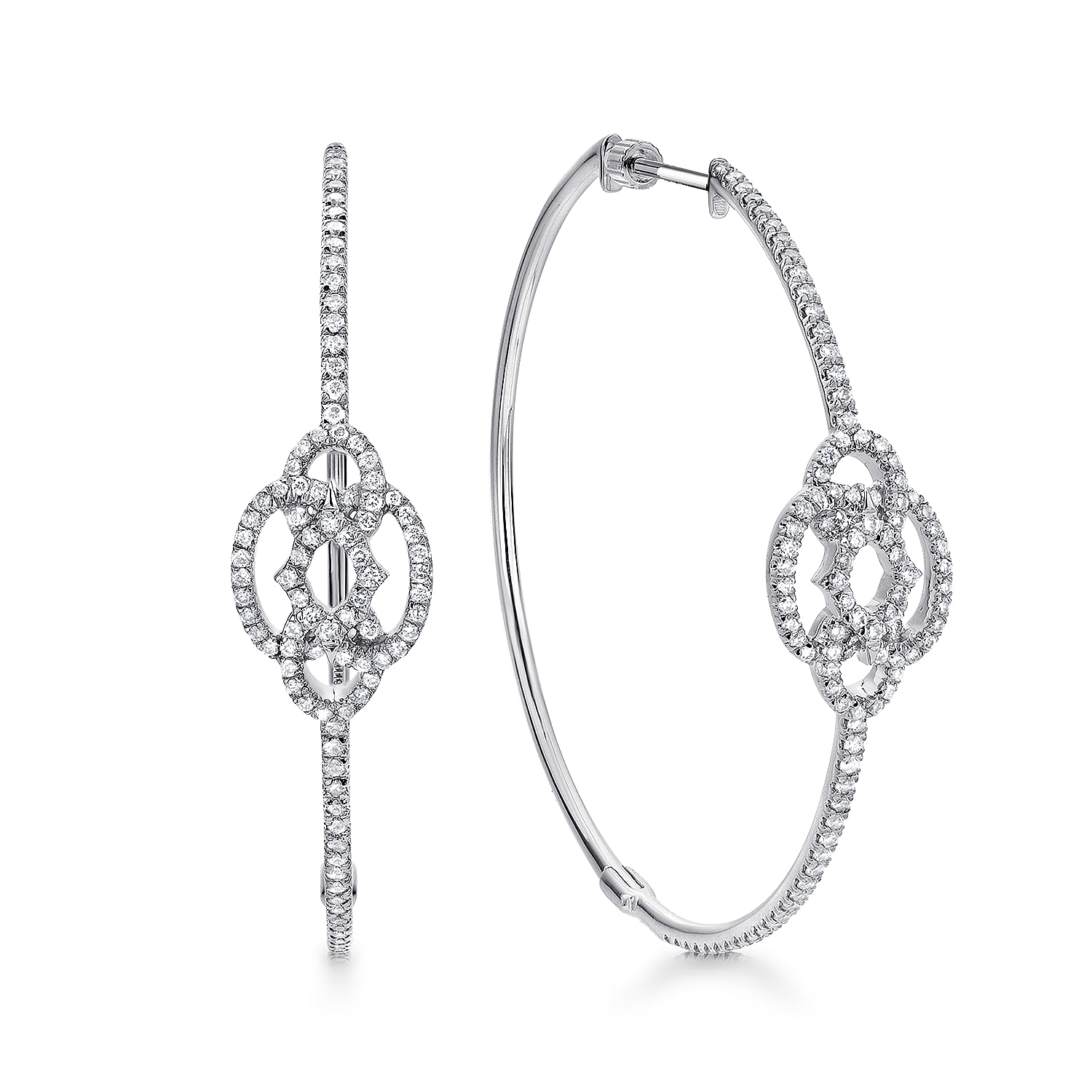 14K White Gold Floral Diamond Classic Hoop Earrings