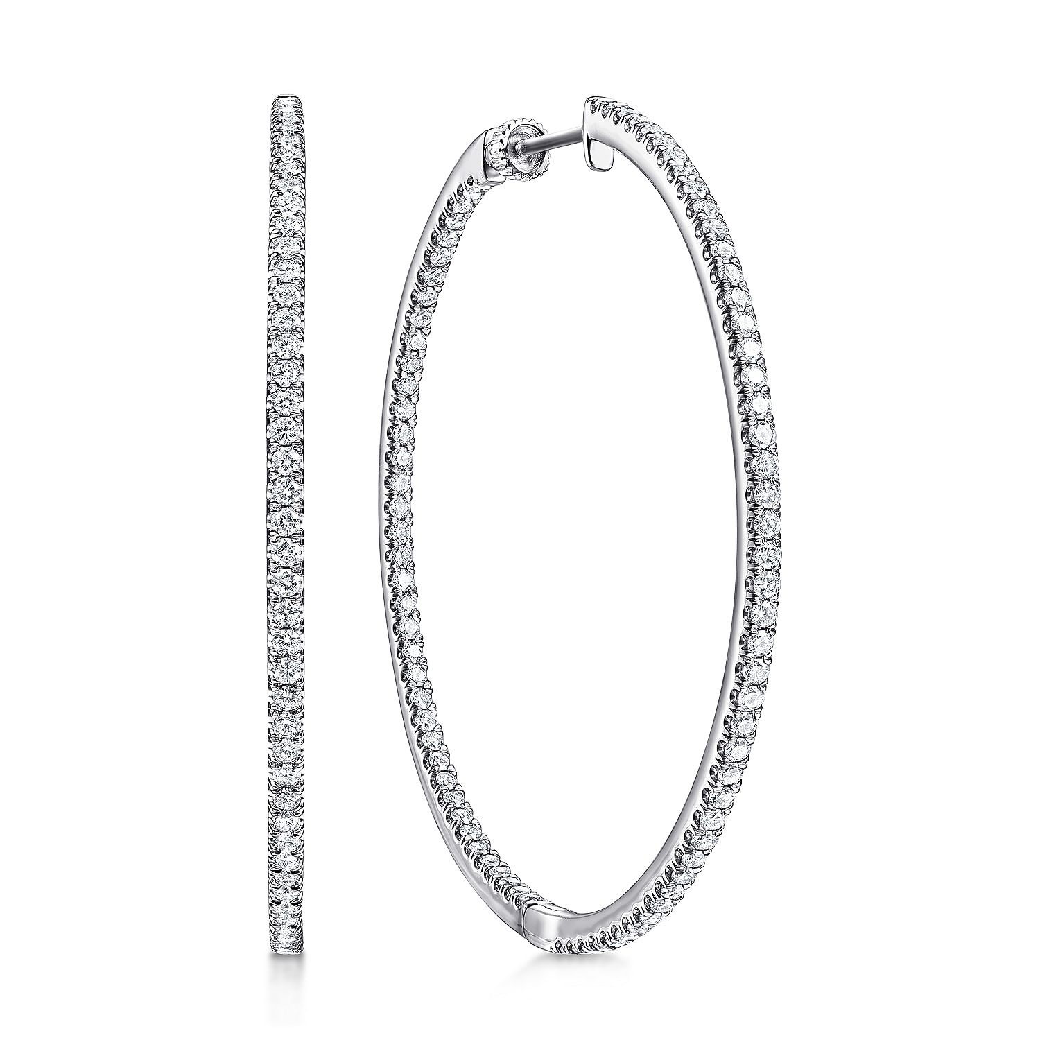 14K White Gold French Pave 50mm Round Inside Out Diamond Hoop Earrings