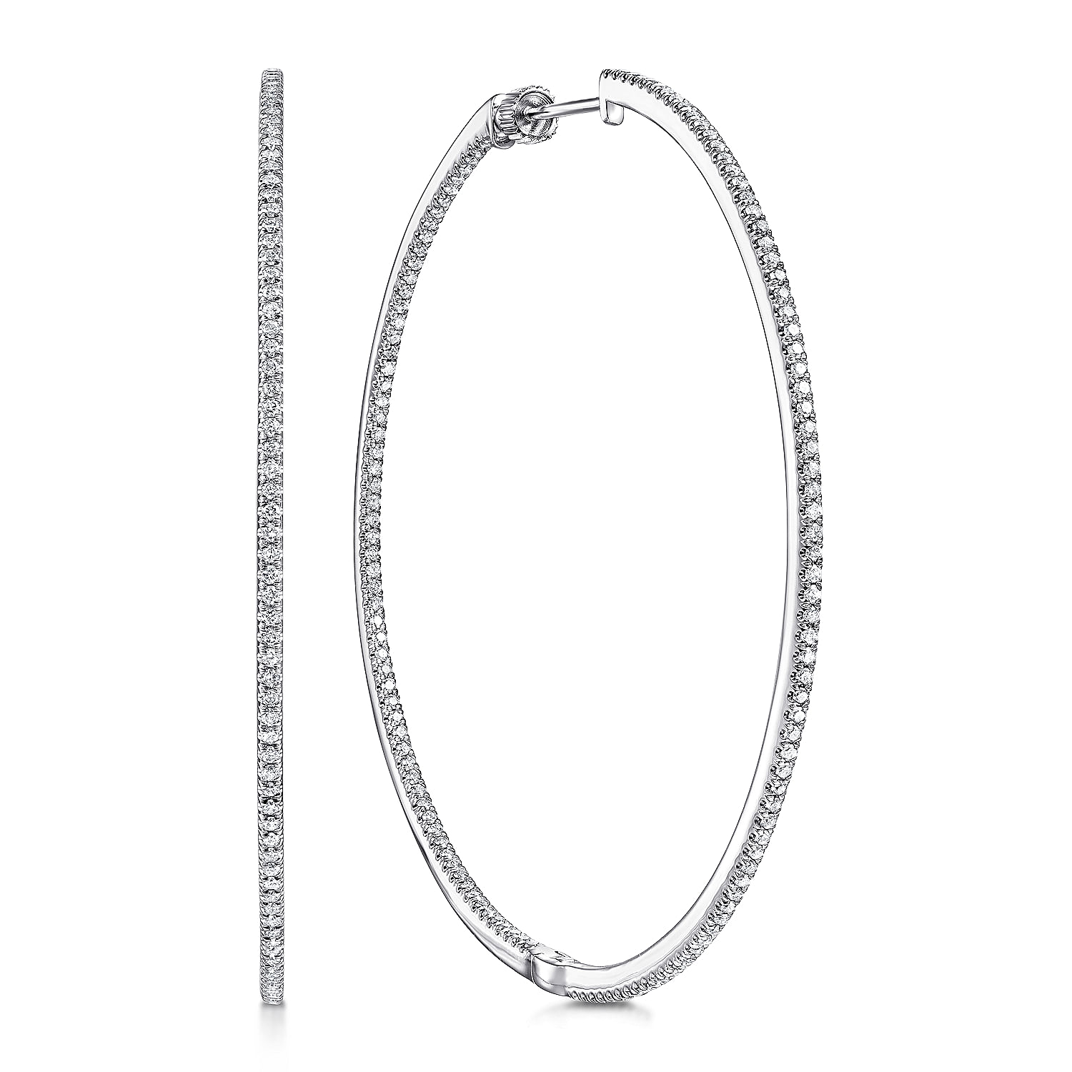 14K White Gold French Pave 60mm Round Inside Out Diamond Hoop Earrings