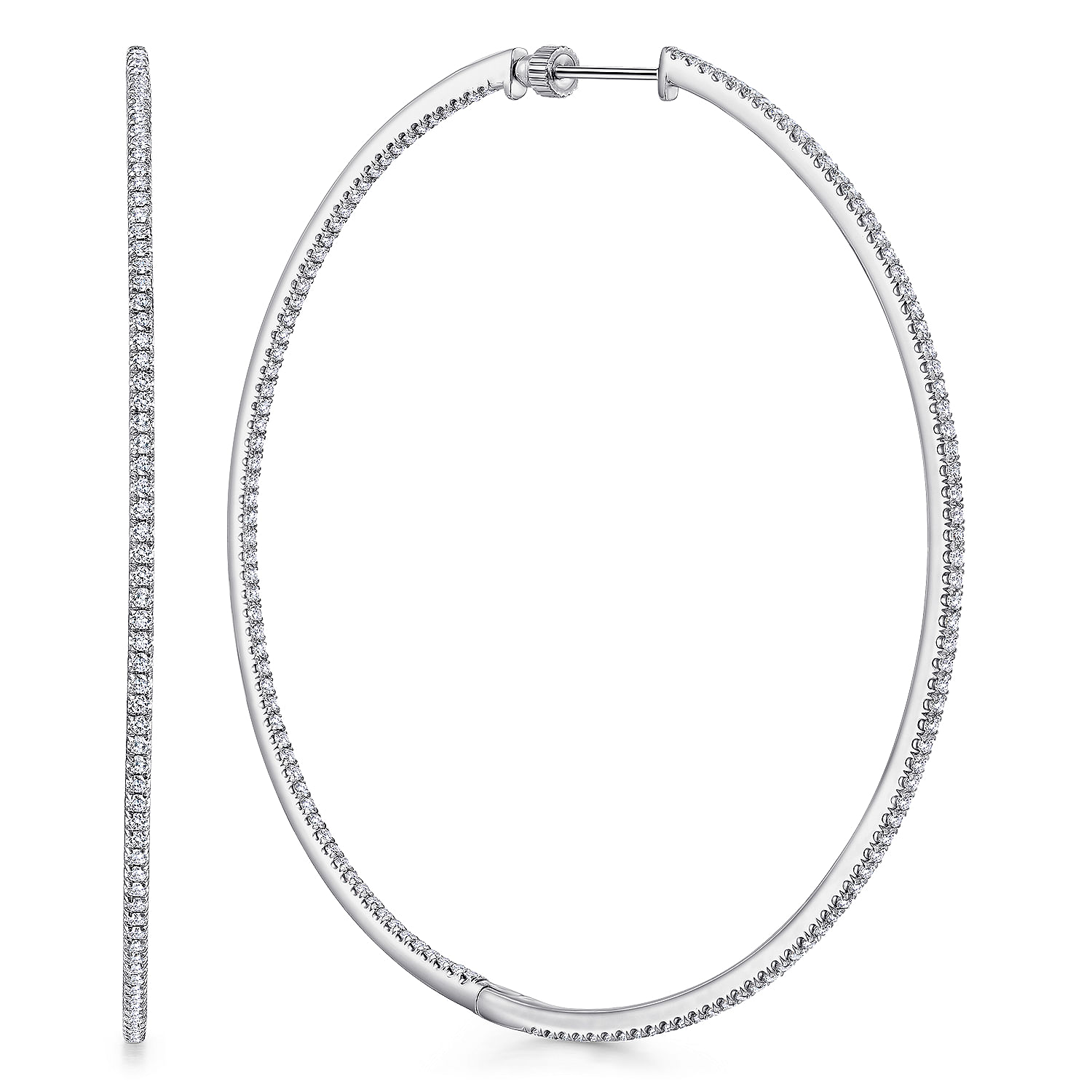 14K White Gold French Pave 70mm Round Inside Out Diamond Hoop Earrings