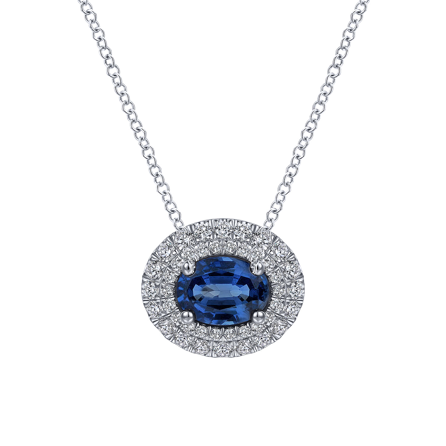 14K White Gold Oval Sapphire and Diamond Double Halo Pendant Necklace
