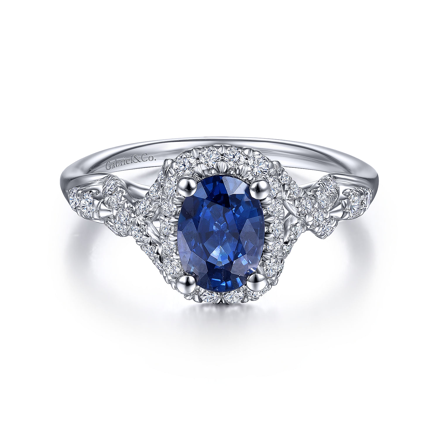 14K White Gold Oval Sapphire and Diamond Halo Ring