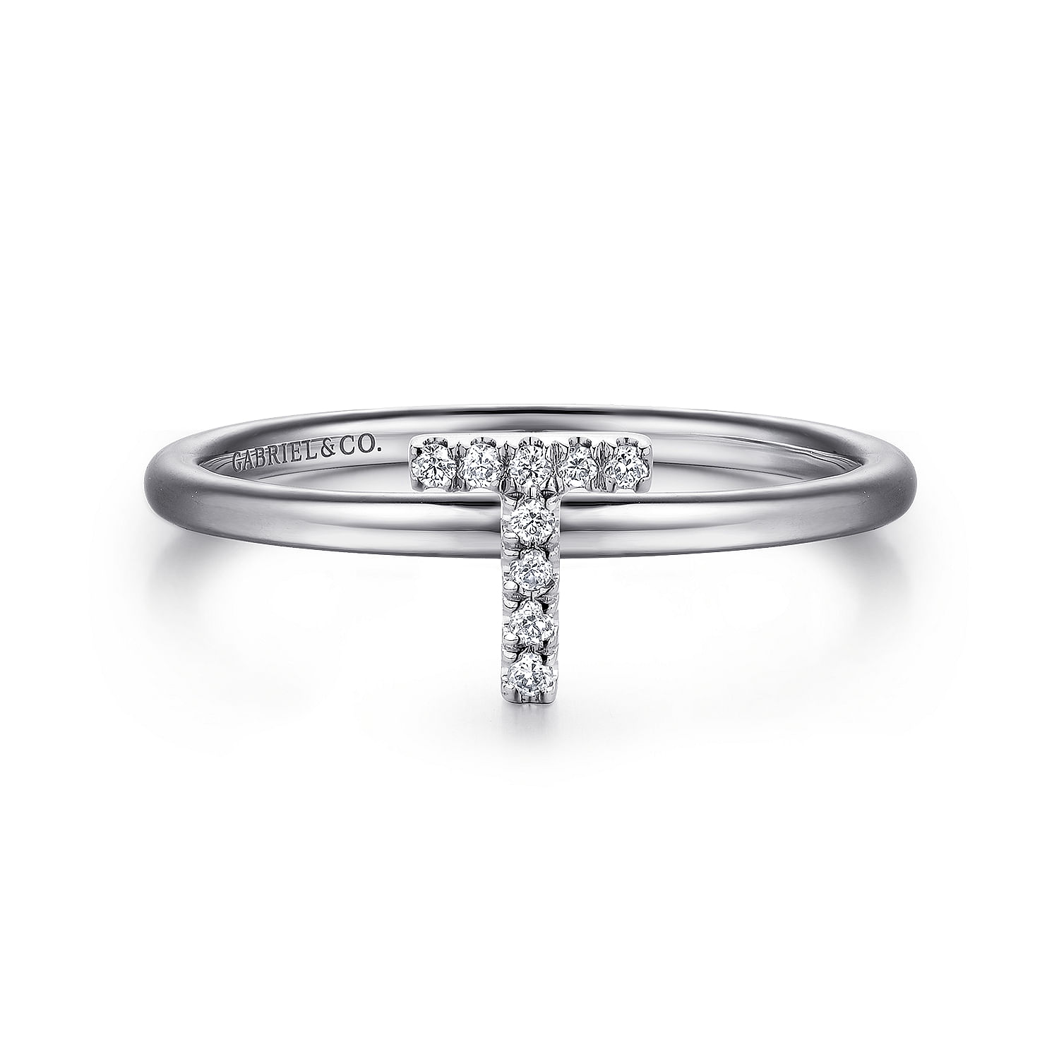 14K White Gold Pave Diamond Uppercase T Initial Ring