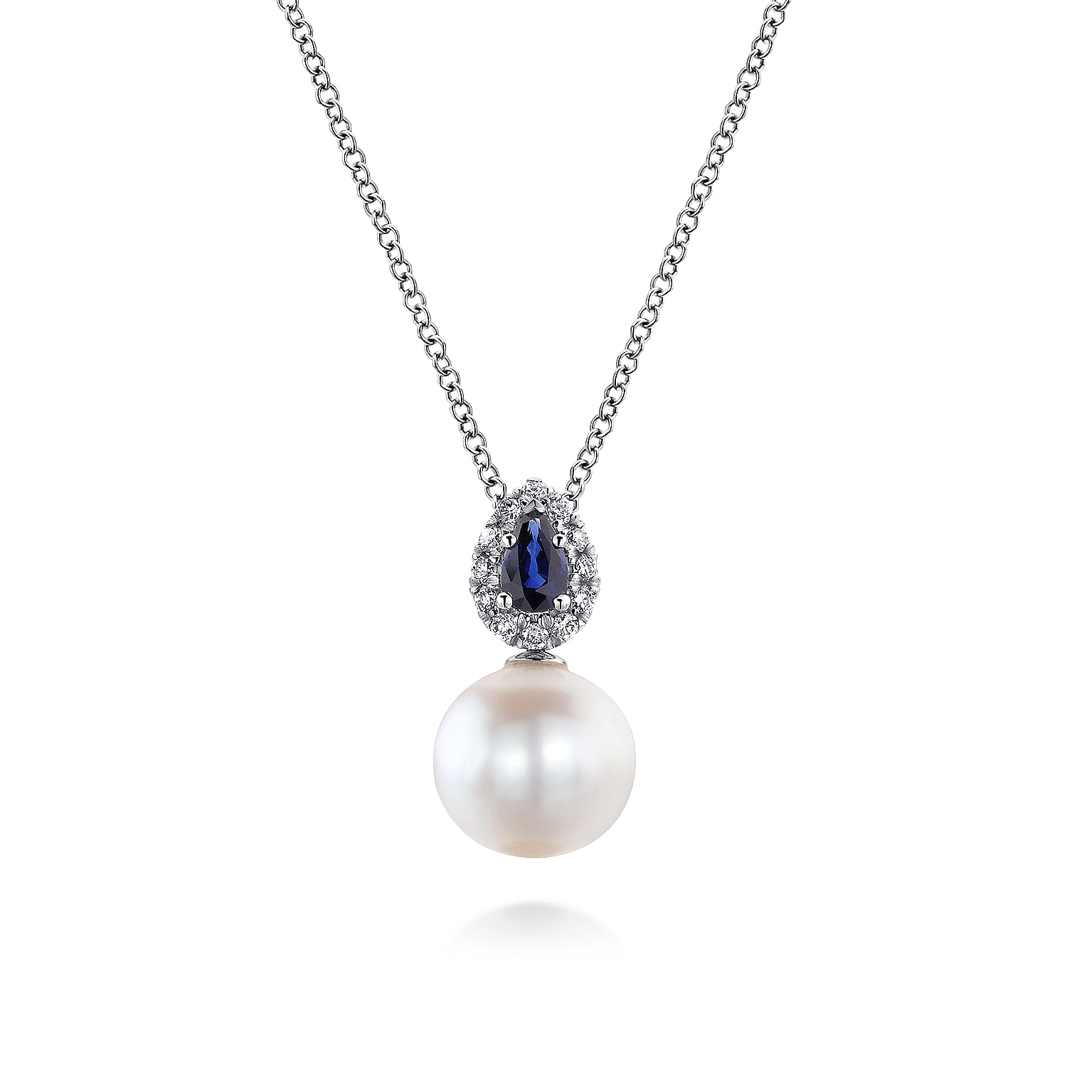 14K White Gold Pear Shaped Sapphire and Diamond Halo Pendant Necklace with Pearl