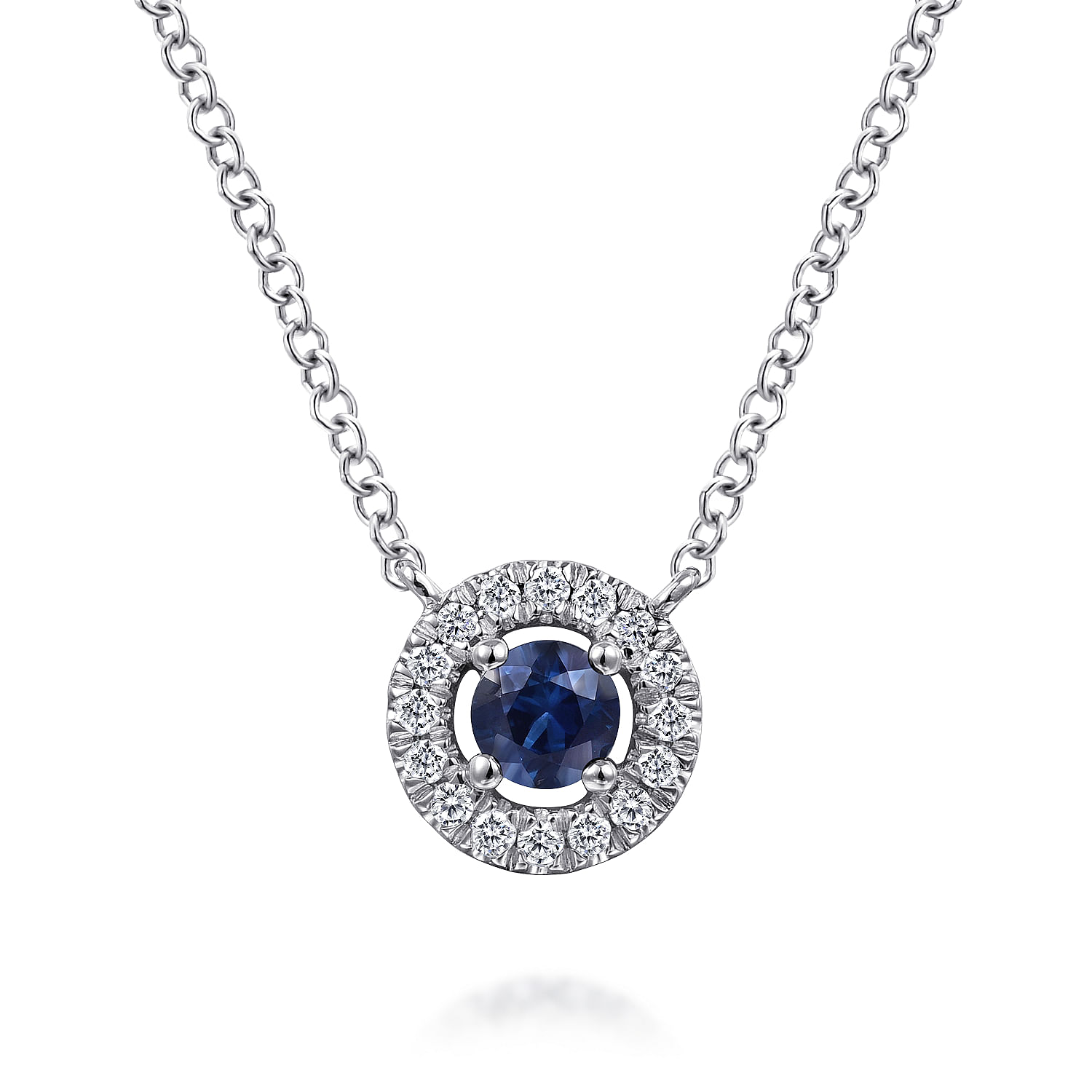 14K White Gold Round Sapphire and Pave Diamond Halo Necklace
