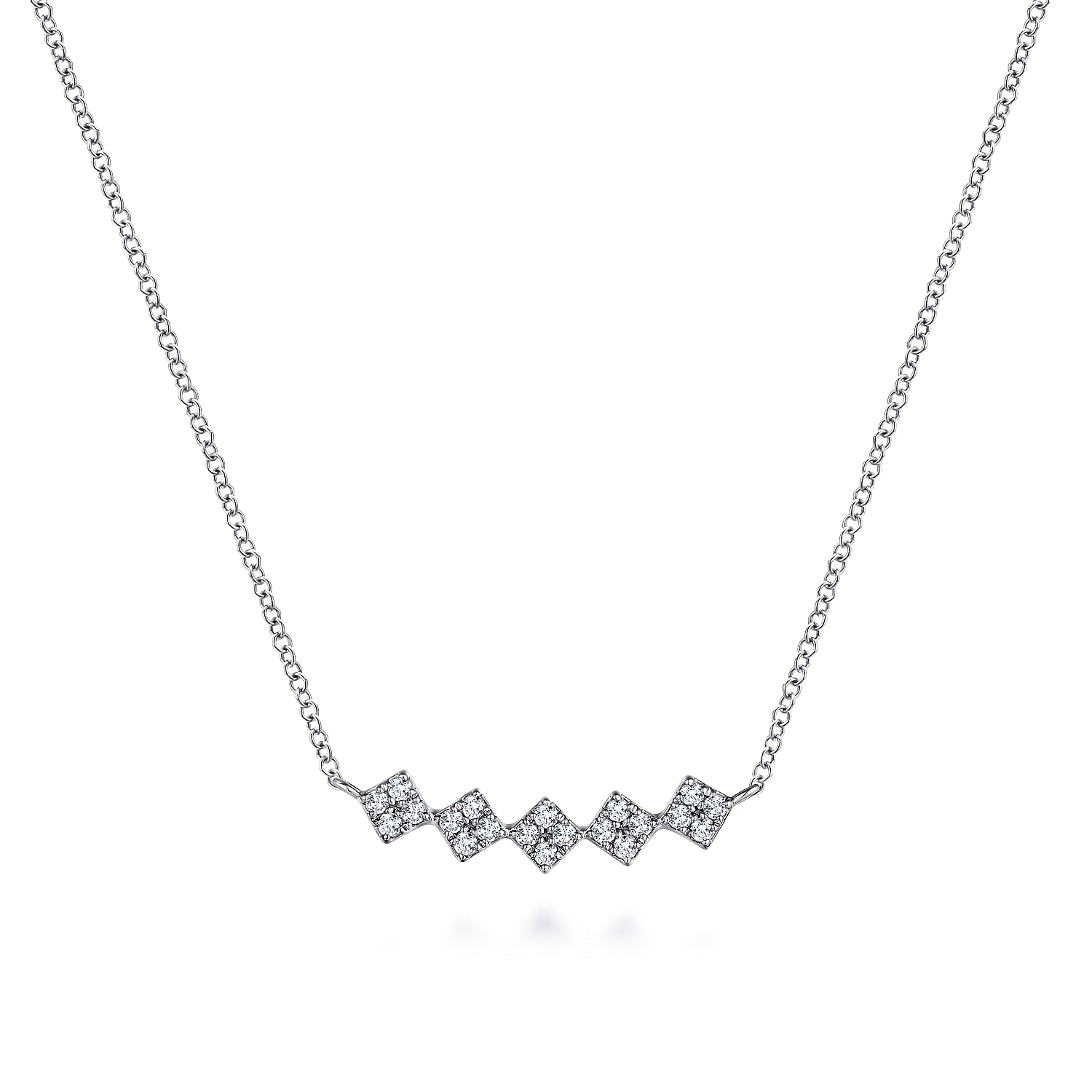14K White Gold Square Station Diamond Pave Curved Bar Necklace