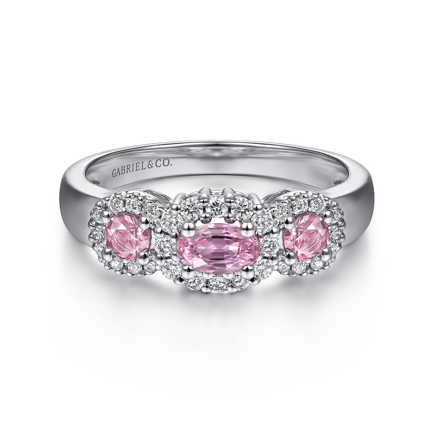 14K White Gold Three Stone Halo Pink Sapphire and Diamond Ring