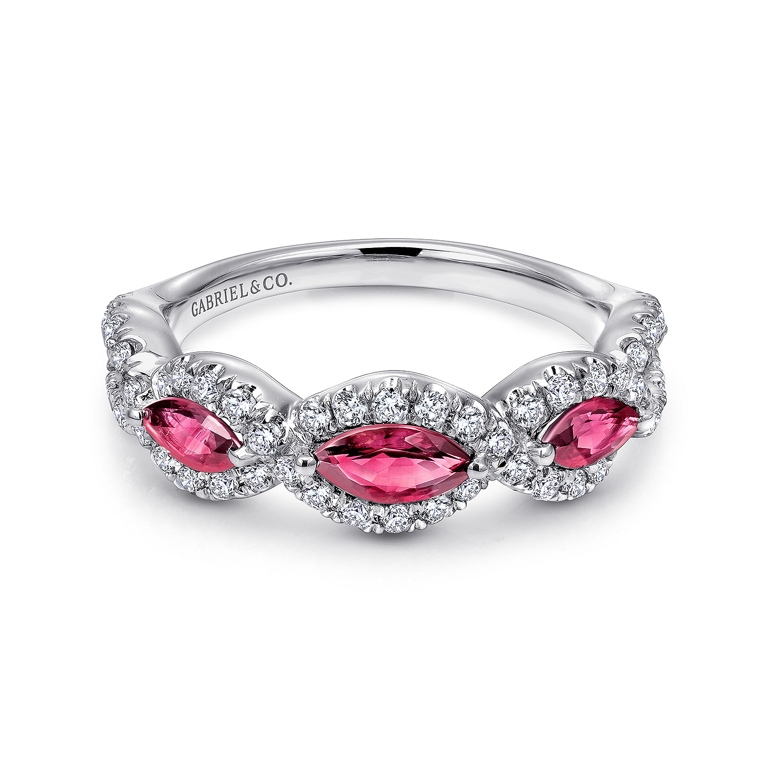14K White Gold Twisted Diamond Rows and Ruby Marquise Stones Ring
