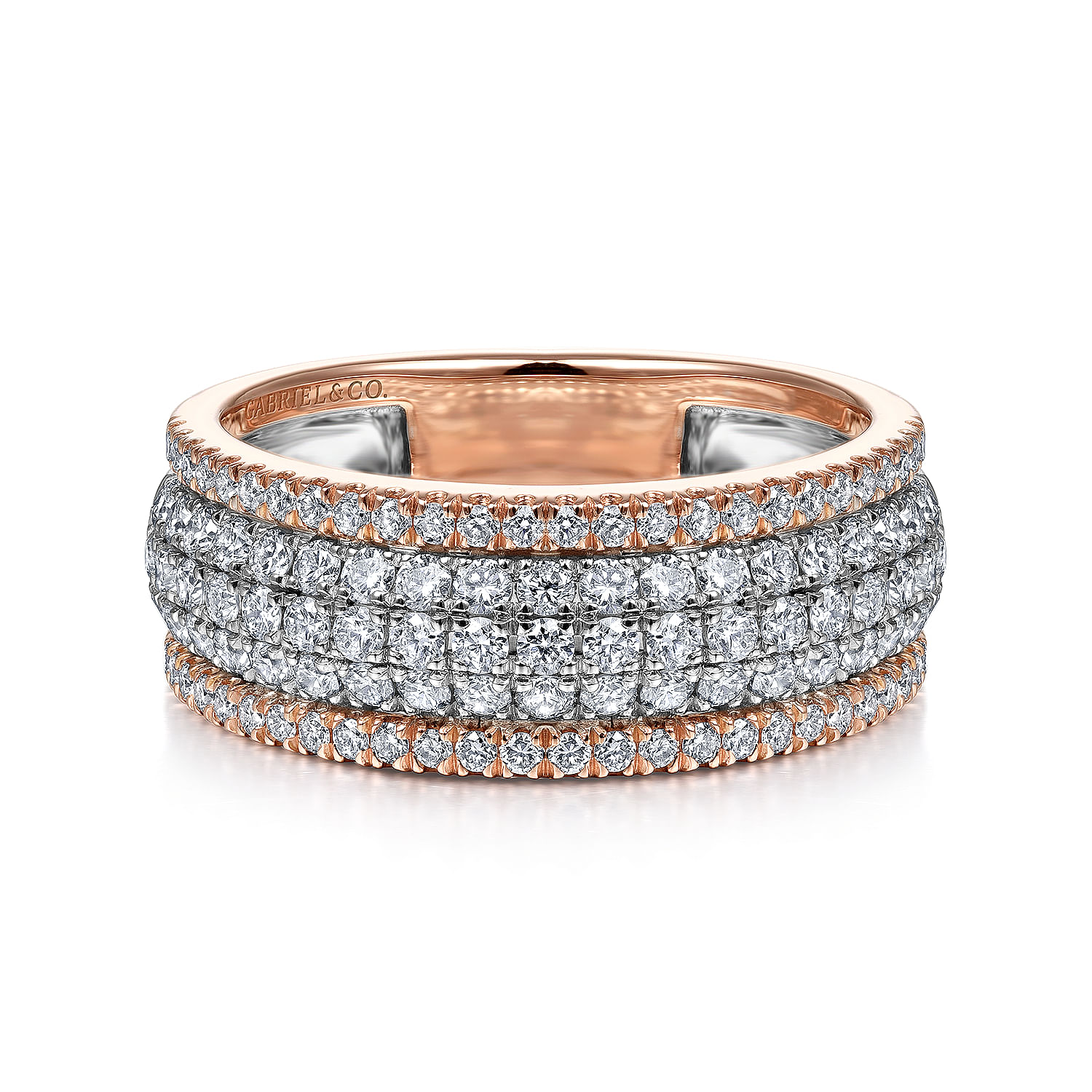 14K White-Rose Gold Pave Diamond Wide Band Ring