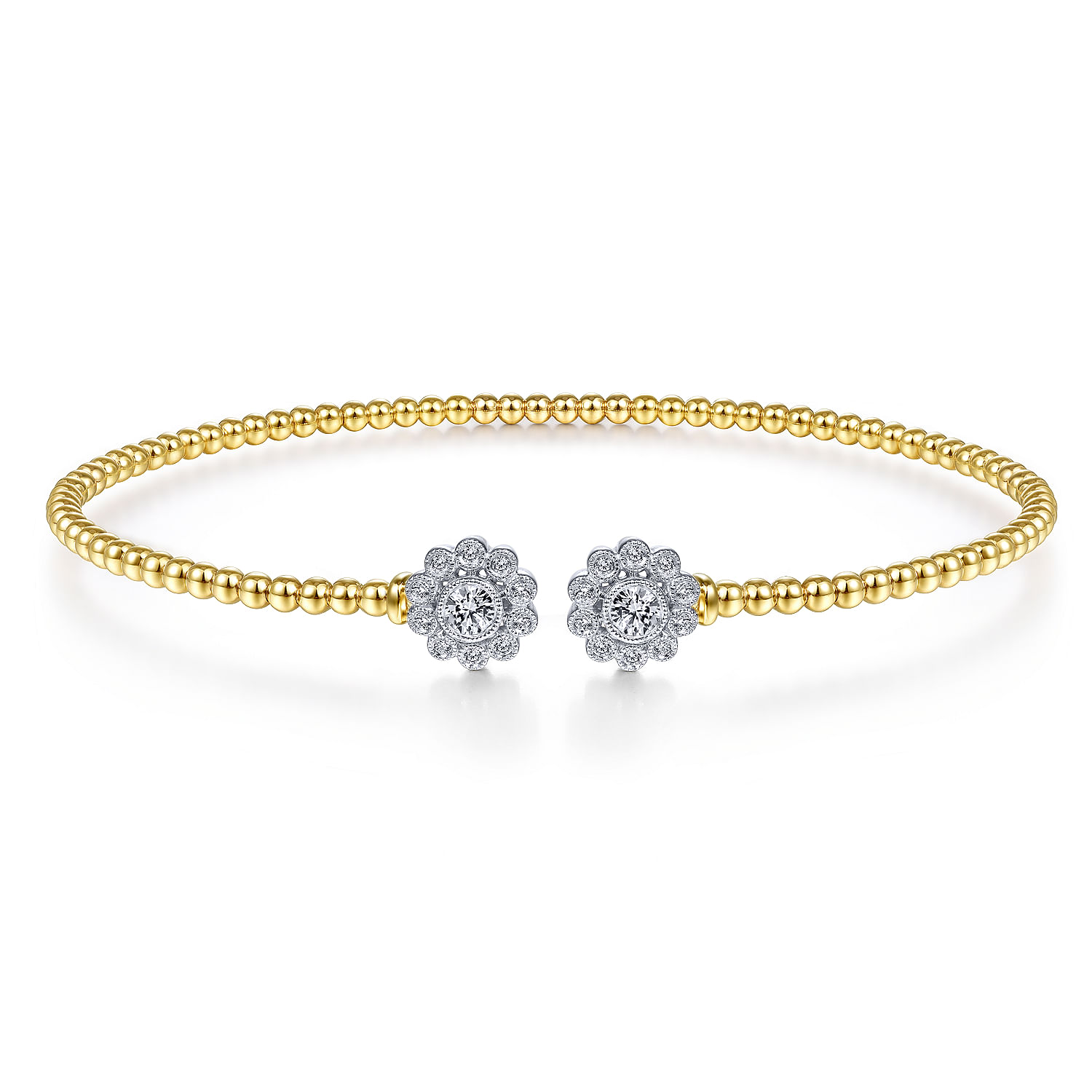 14K White Yellow Gold Bujukan Split Cuff Bracelet with Diamond Flowers