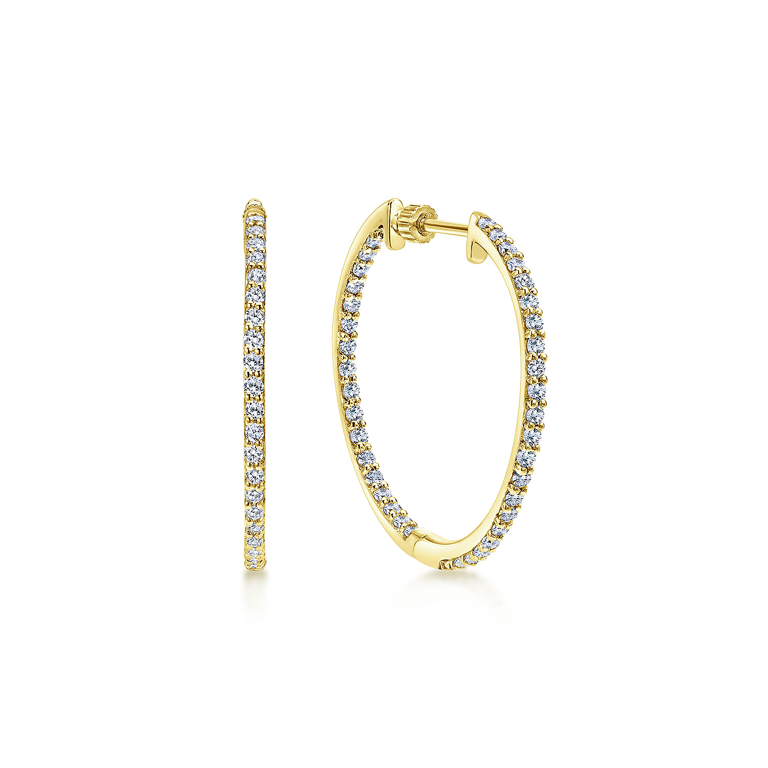 14K Yellow Gold 25mm Round Inside Out Diamond Hoop Earrings