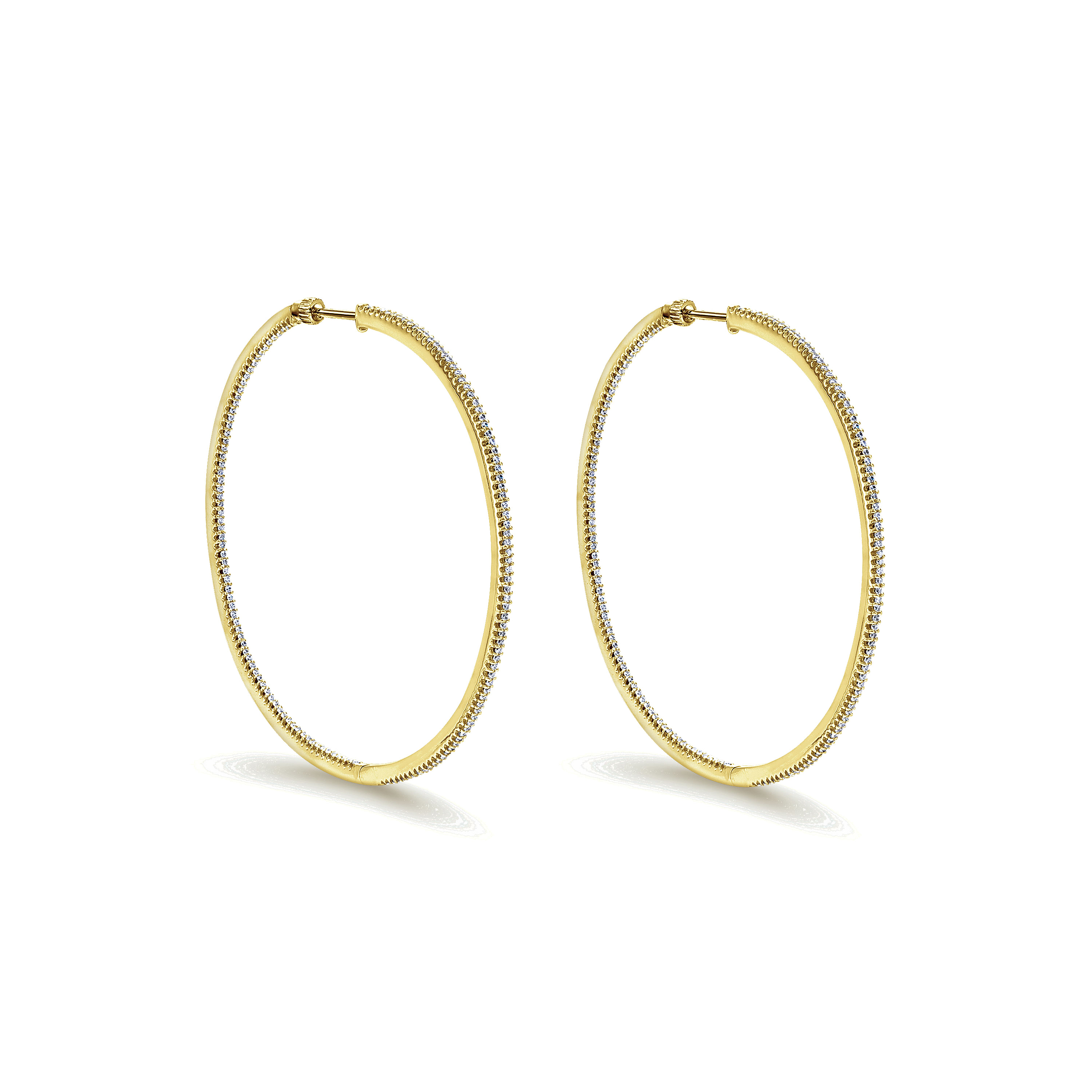 14K Yellow Gold 60mm Round Inside Out Diamond Hoop Earrings