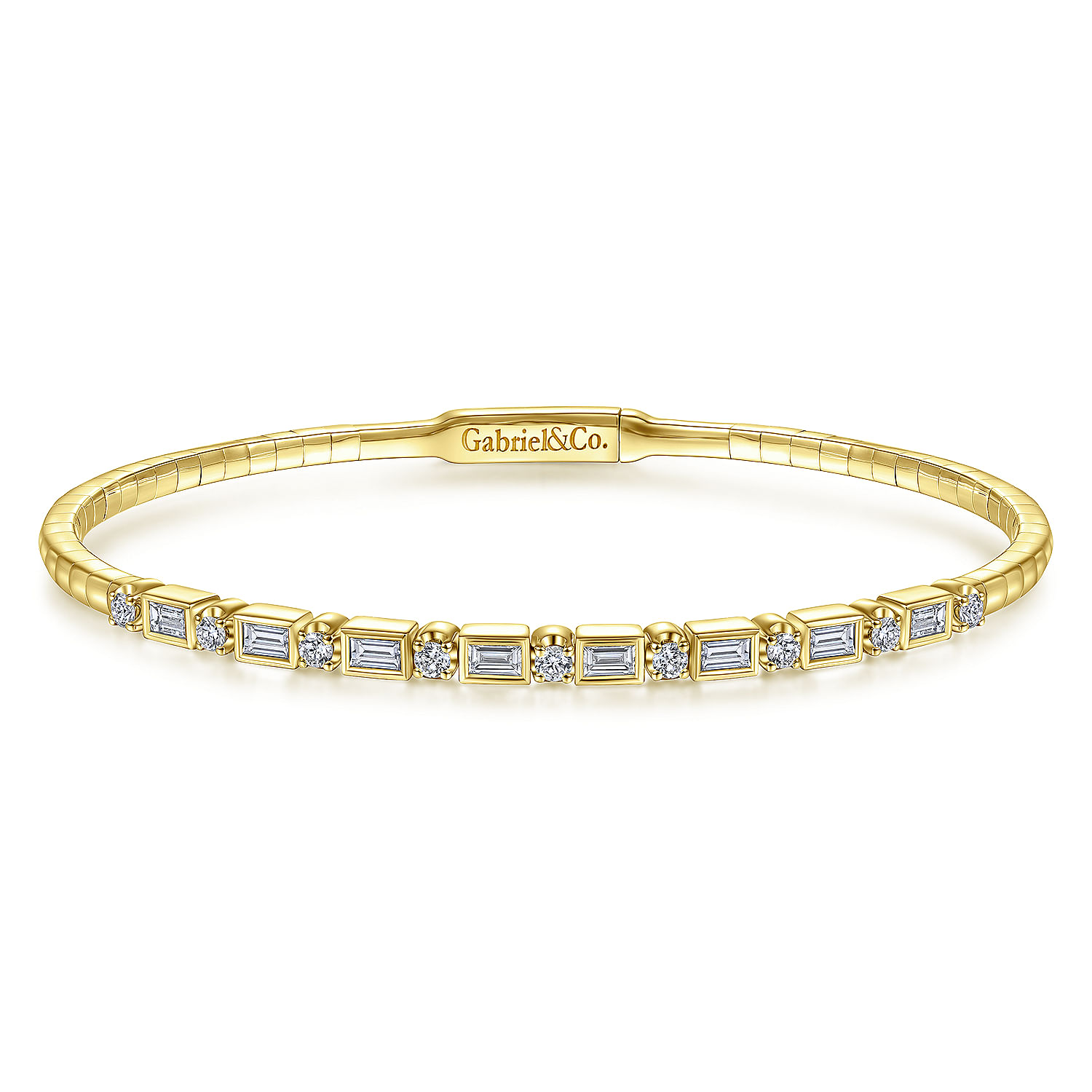 14K Yellow Gold Alternating Baguette and Round Diamond Bangle