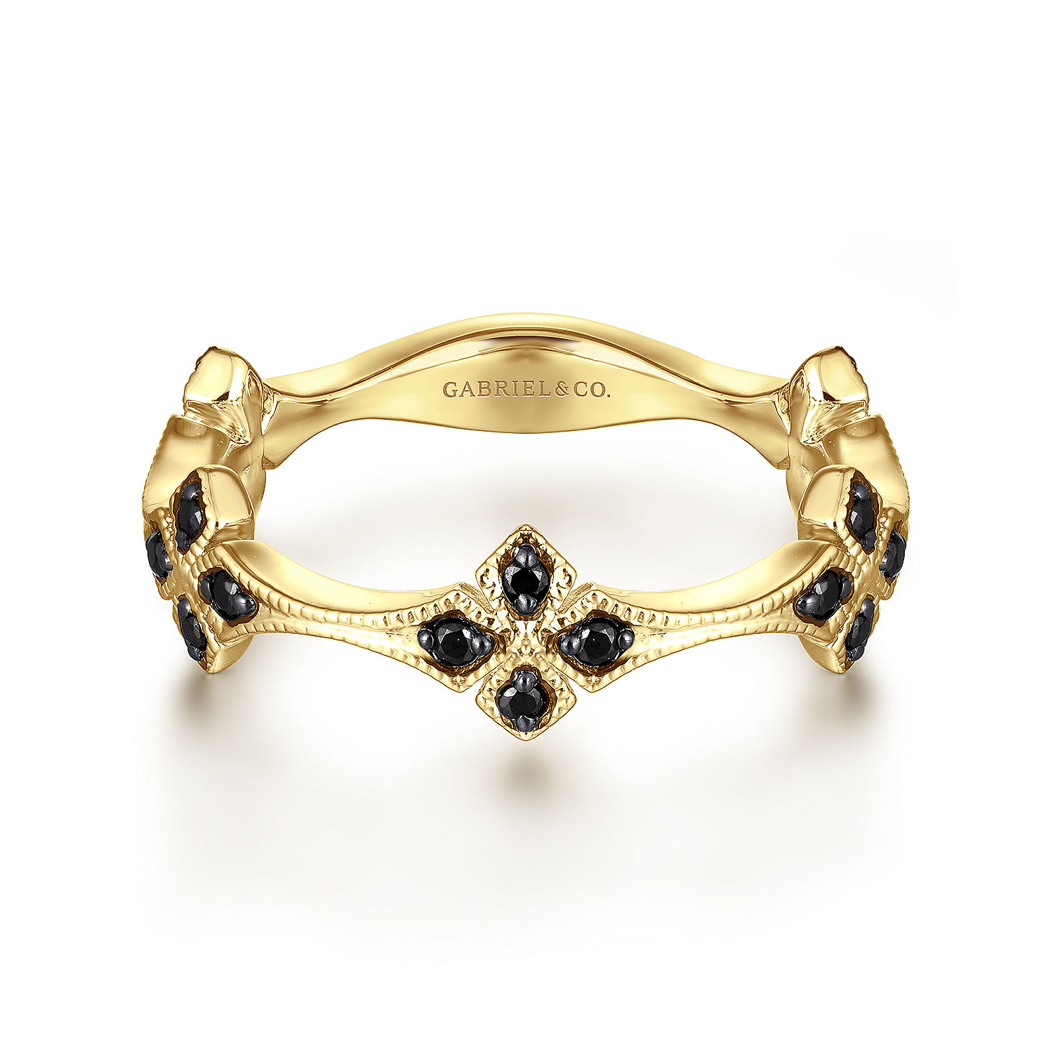 14K Yellow Gold Black Diamond Floral Station Stackable Ring