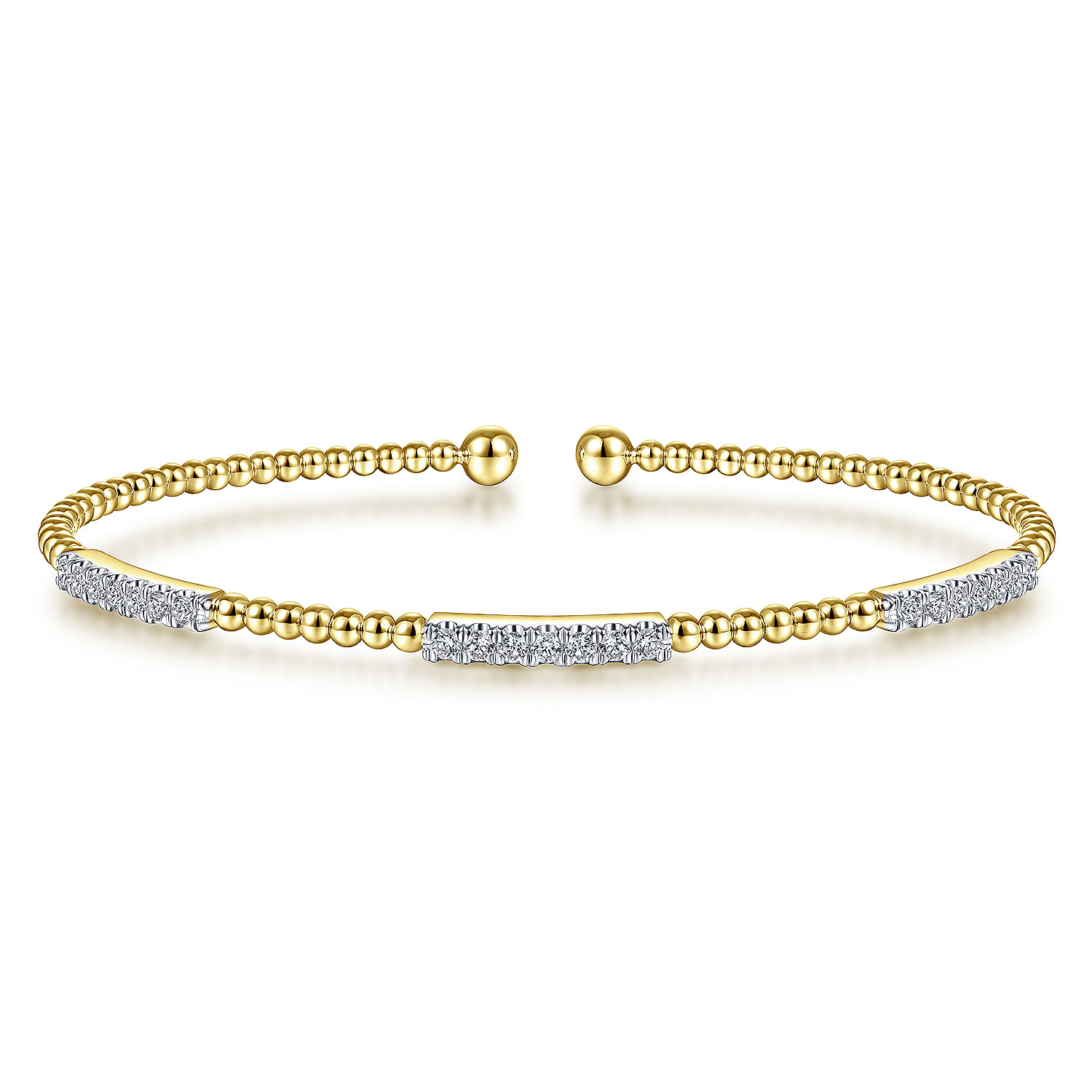 14K Yellow Gold Bujukan Bead Cuff Bracelet with Diamond Pave Stations