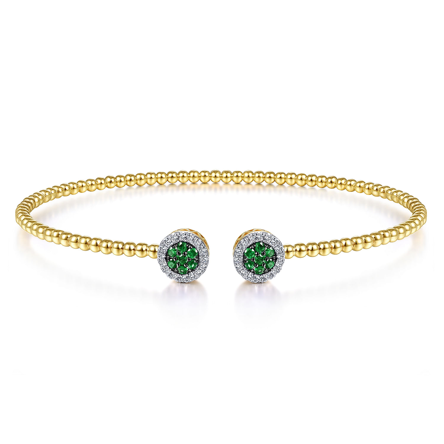 14K Yellow Gold Bujukan Bead Cuff Bracelet with Emerald and Diamond Halo Caps
