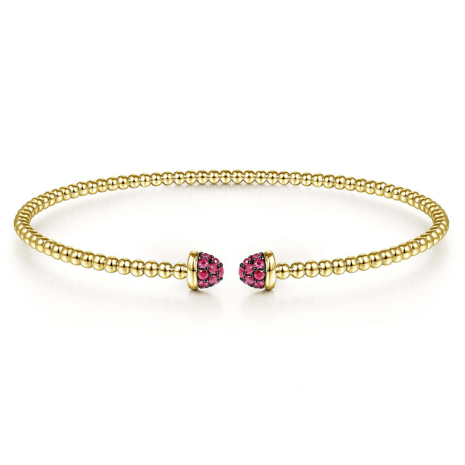 14K Yellow Gold Bujukan Bead Cuff Bracelet with Ruby Pave Caps