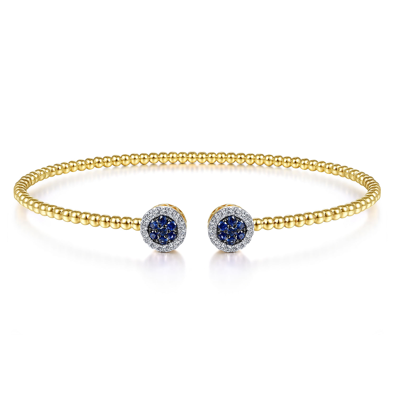 14K Yellow Gold Bujukan Bead Cuff Bracelet with Sapphire and Diamond Halo Caps
