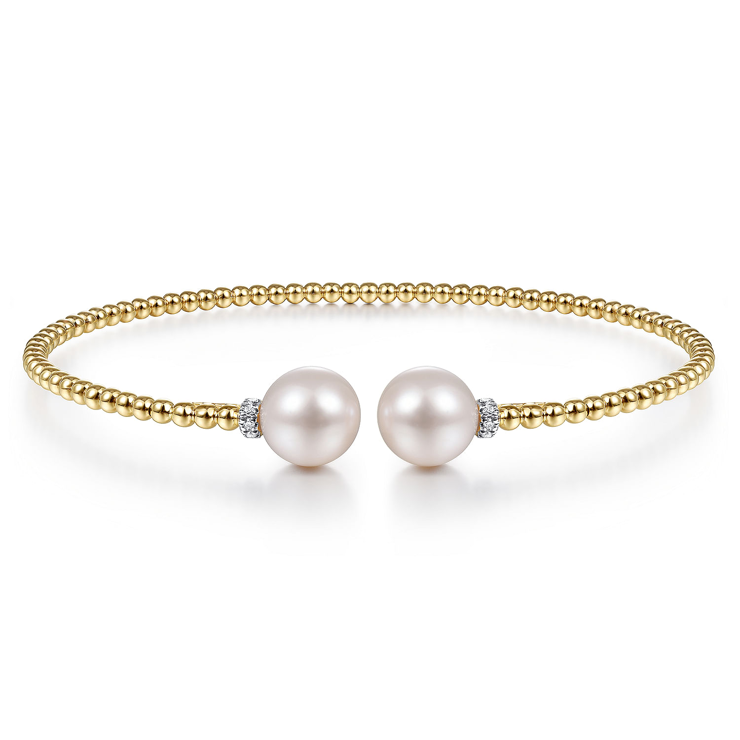 14K Yellow Gold Bujukan Bead Split Bracelet with Pearl and Diamond Caps