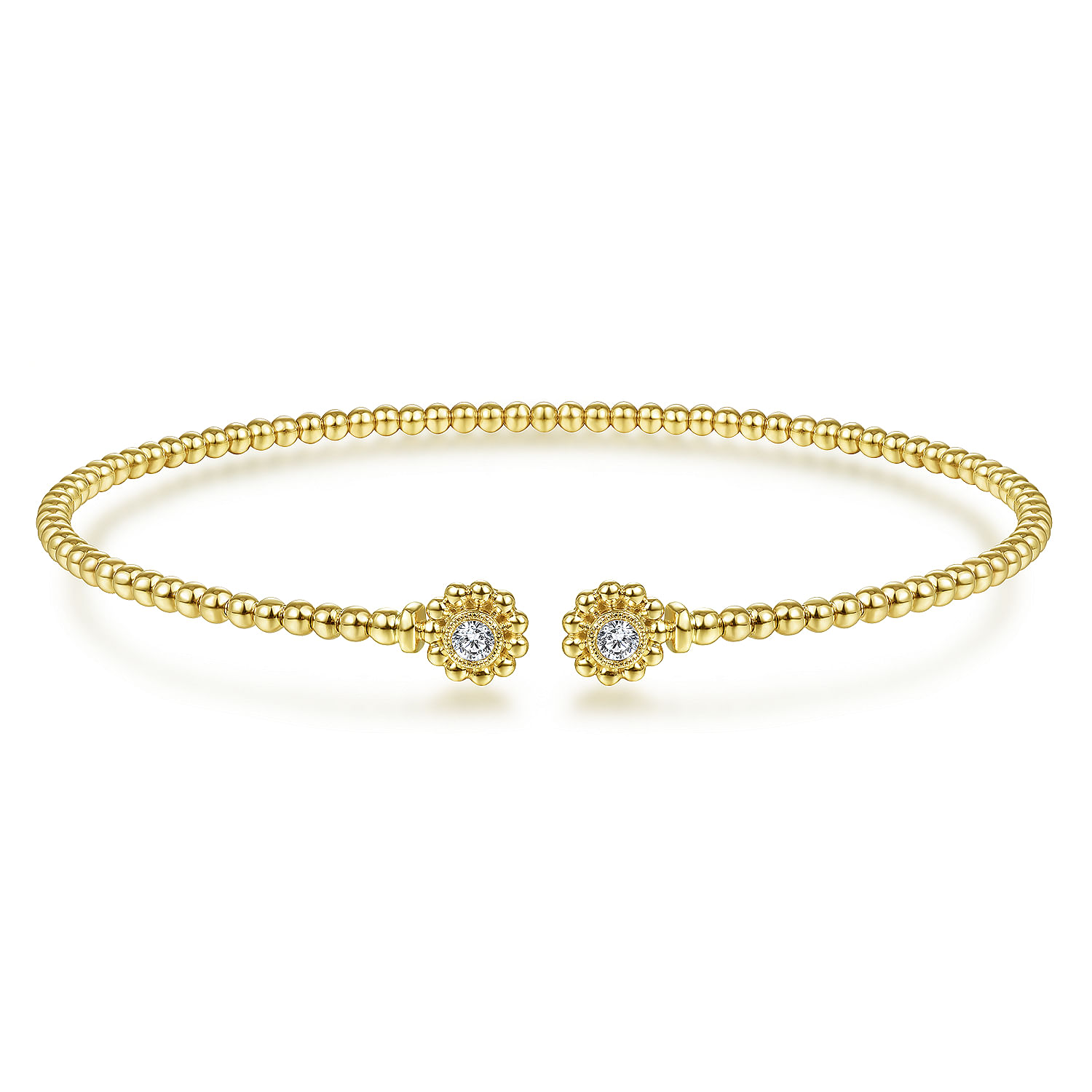 14K Yellow Gold Bujukan Split Cuff Bracelet with Diamond Flower Caps