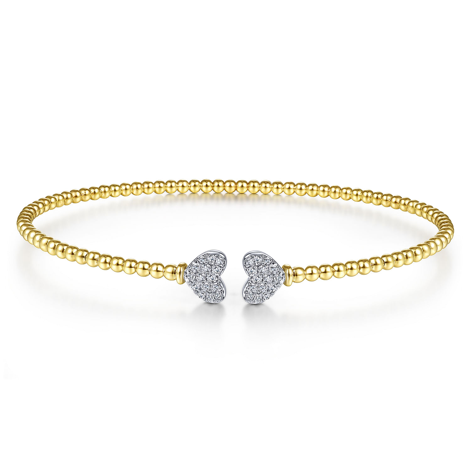 14K Yellow Gold Bujukan Split Cuff Bracelet with White Gold Pave Diamond Hearts