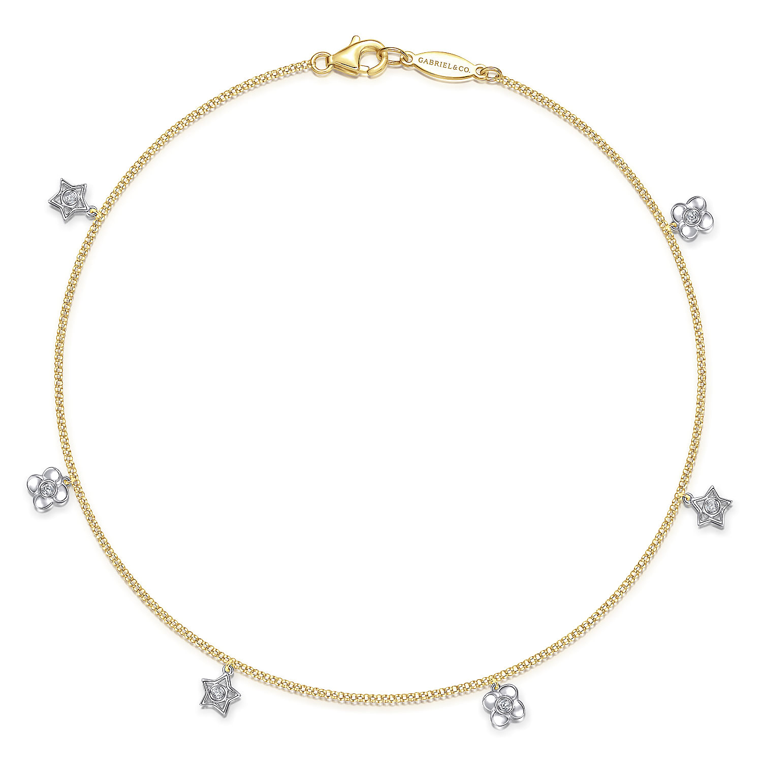 14K Yellow Gold Chain Ankle Bracelet with White Gold Diamond Flower and Star Charms
