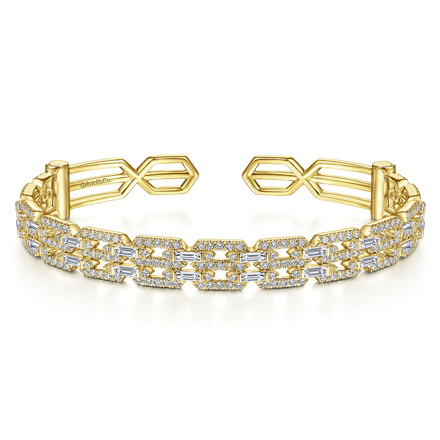 14K Yellow Gold Diamond Chain Link Cuff Bracelet with Diamond Baguette Spacers