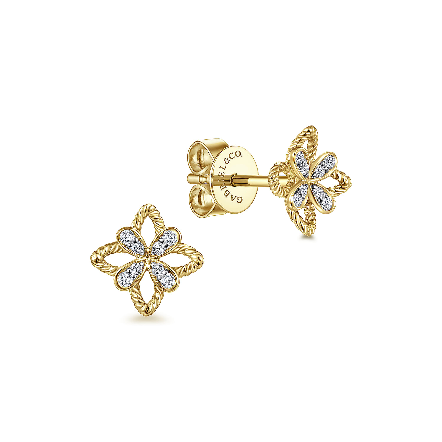 14K Yellow Gold Floral Diamond Stud Earrings