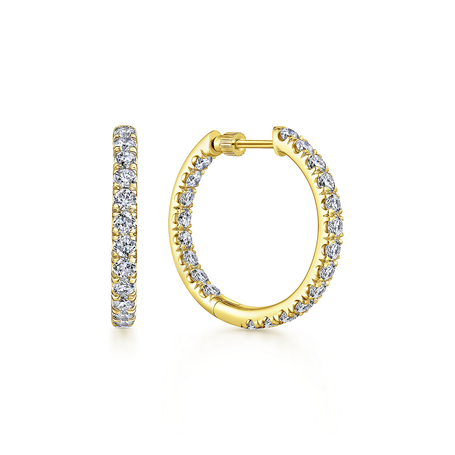 14K Yellow Gold French Pave 20mm Round Inside Out Diamond Hoop Earrings