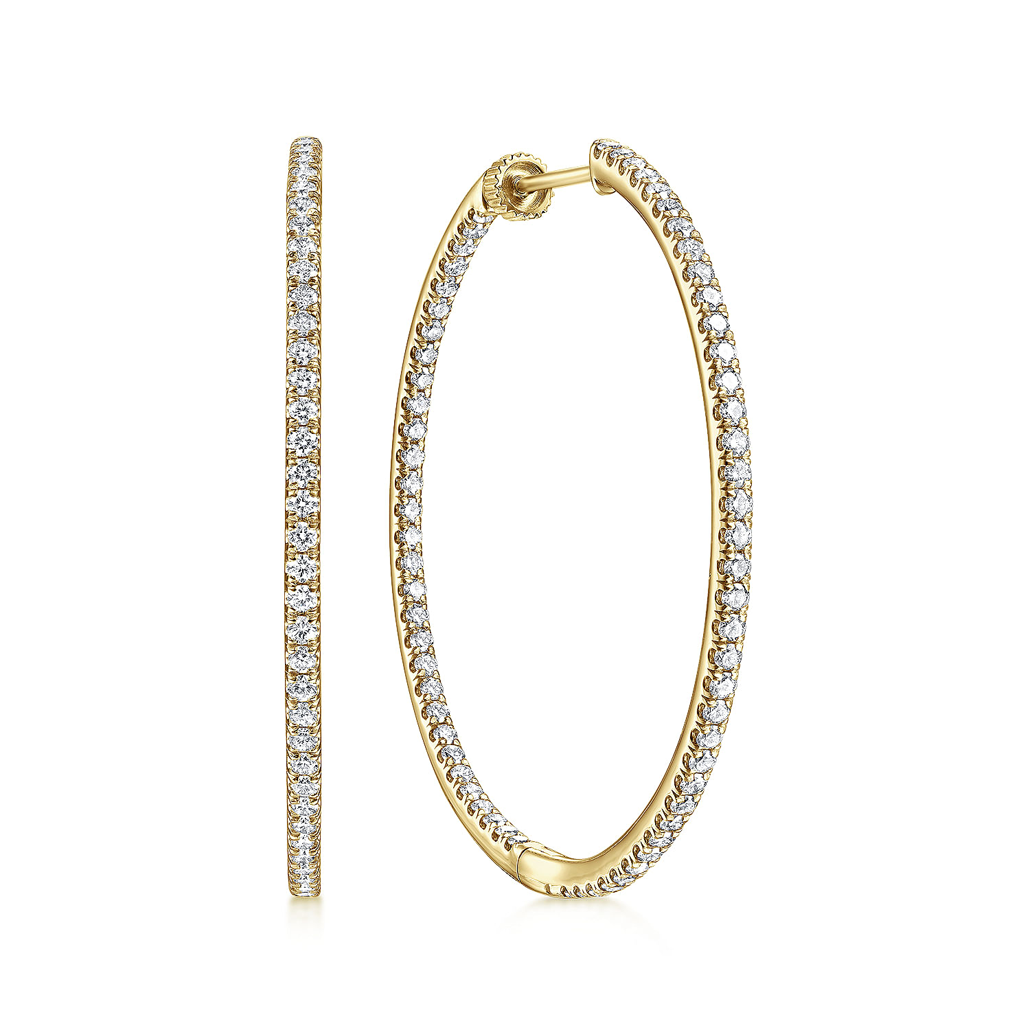 14K Yellow Gold French Pave 40mm Round Inside Out Diamond Hoop Earrings