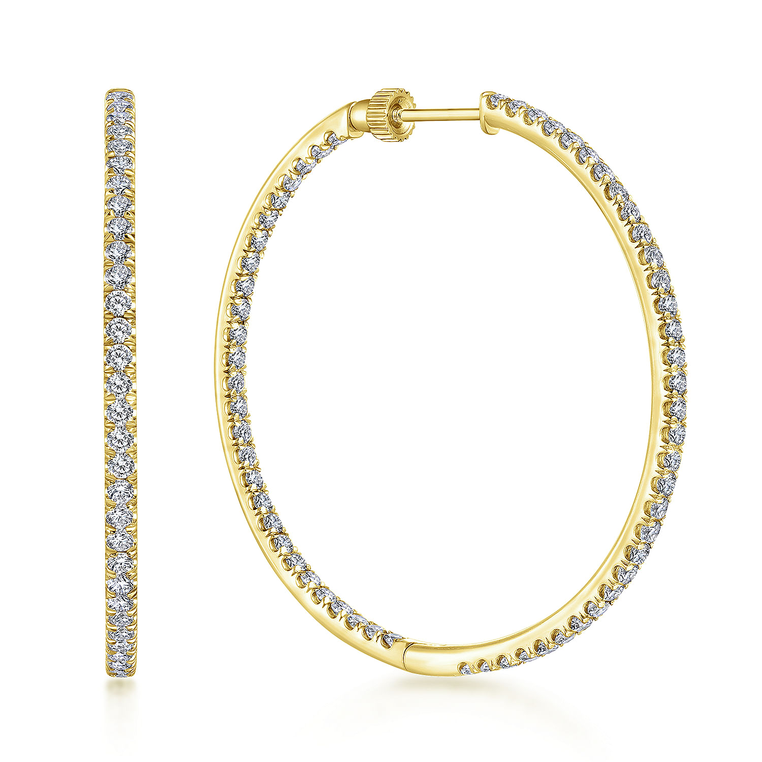 14K Yellow Gold French Pave 40mm Round Inside Out Diamond Hoop Earrings