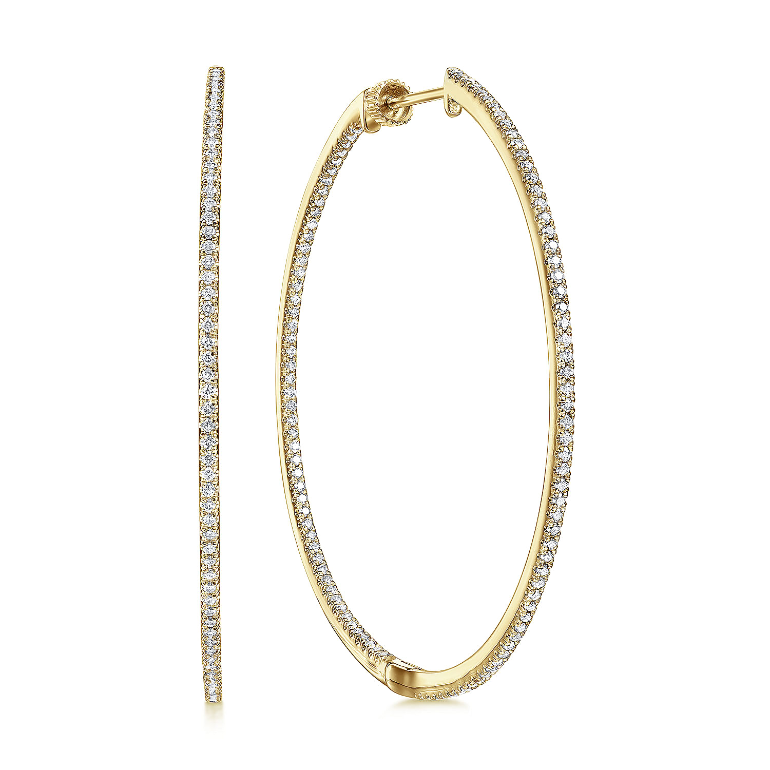 14K Yellow Gold French Pave 50mm Round Inside Out Diamond Classic Hoop Earrings