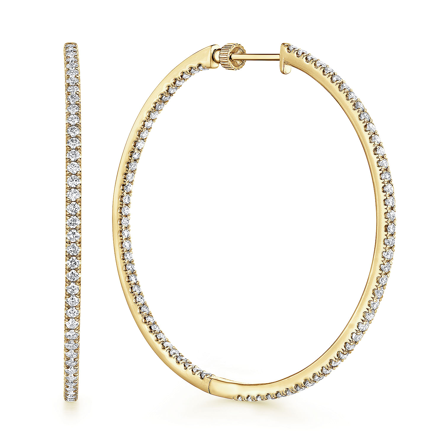 14K Yellow Gold French Pave 50mm Round Inside Out Diamond Hoop Earrings