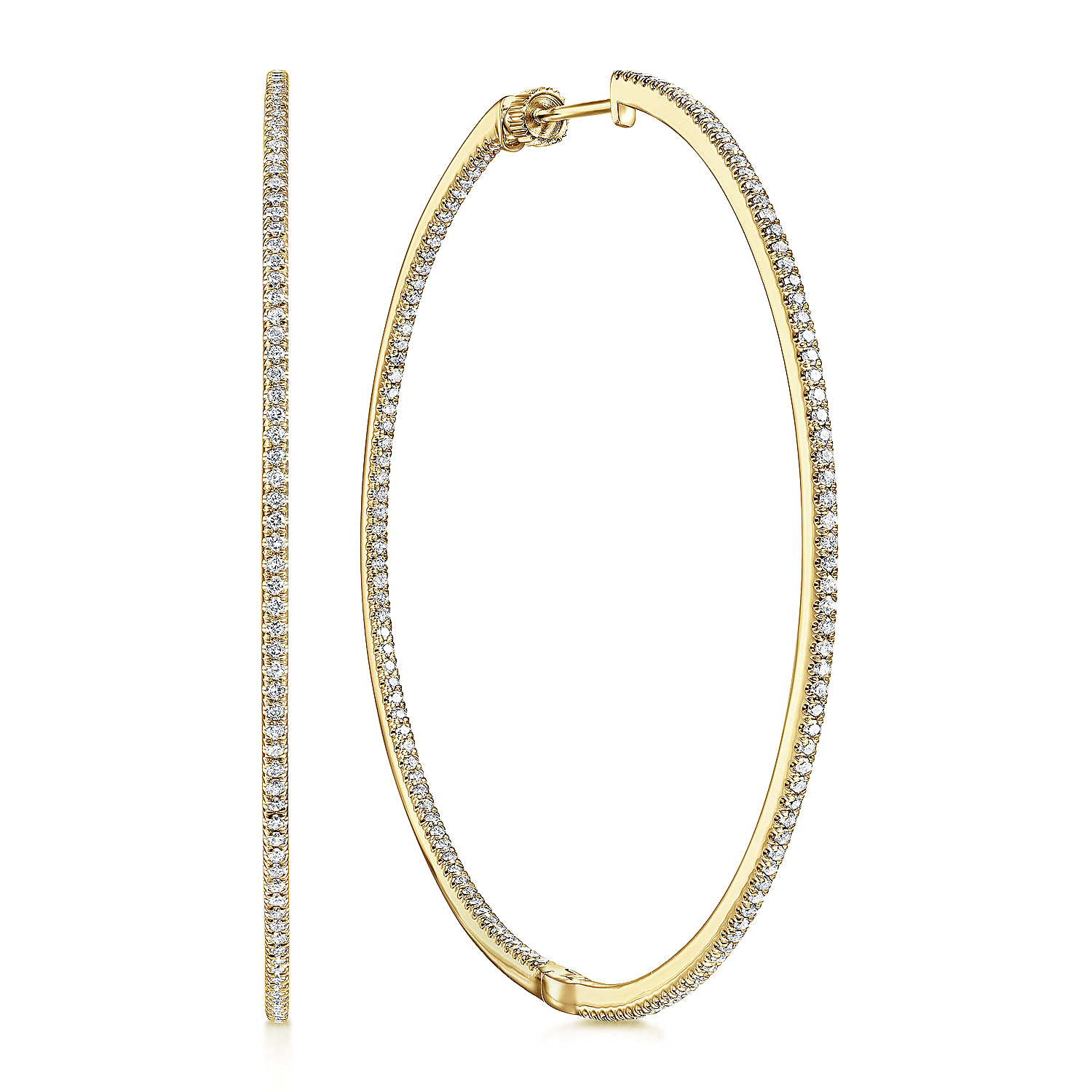 14K Yellow Gold French Pave 60mm Round Inside Out Diamond Classic Hoop Earrings