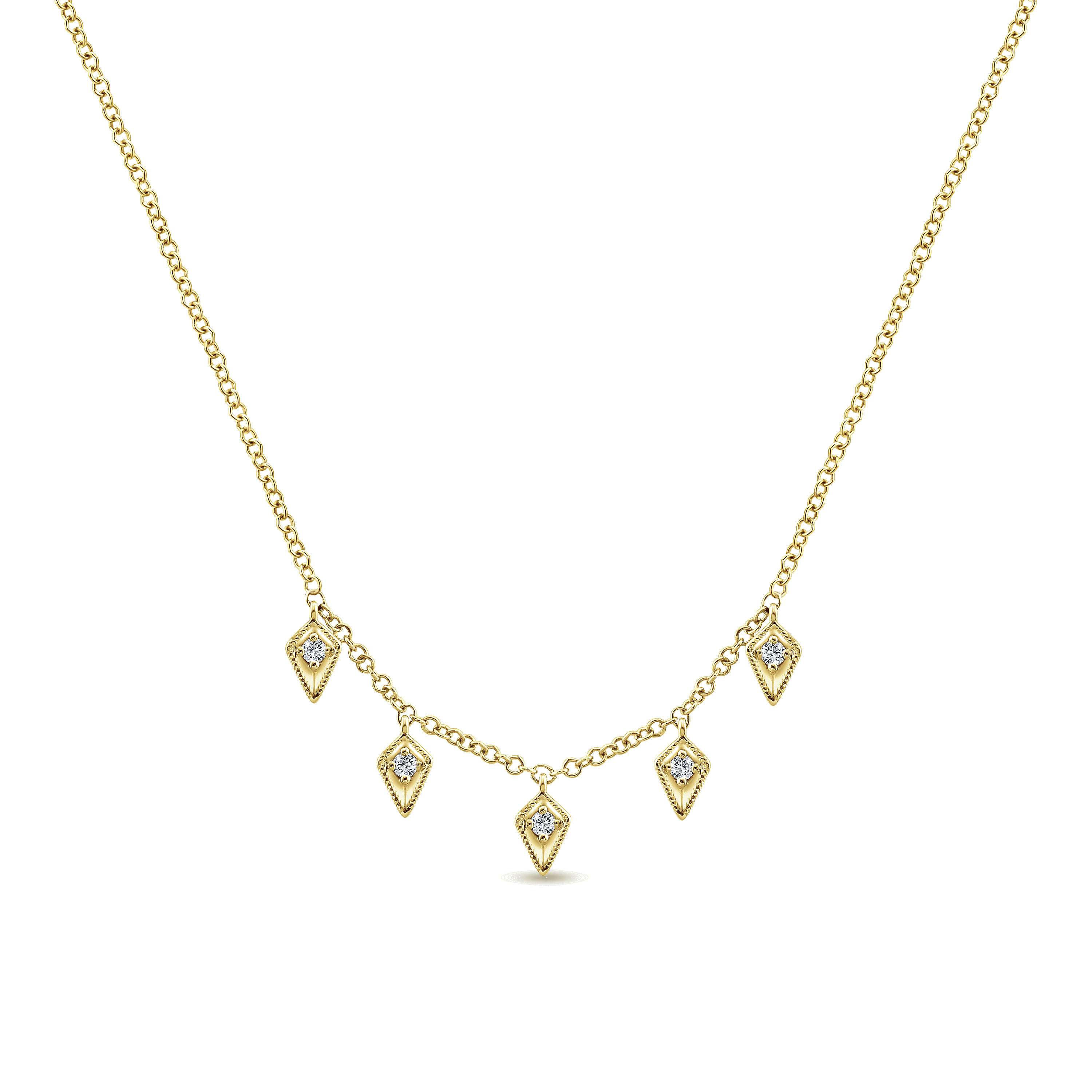 14K Yellow Gold Kite Shaped Drops Station Necklace with Diamonds