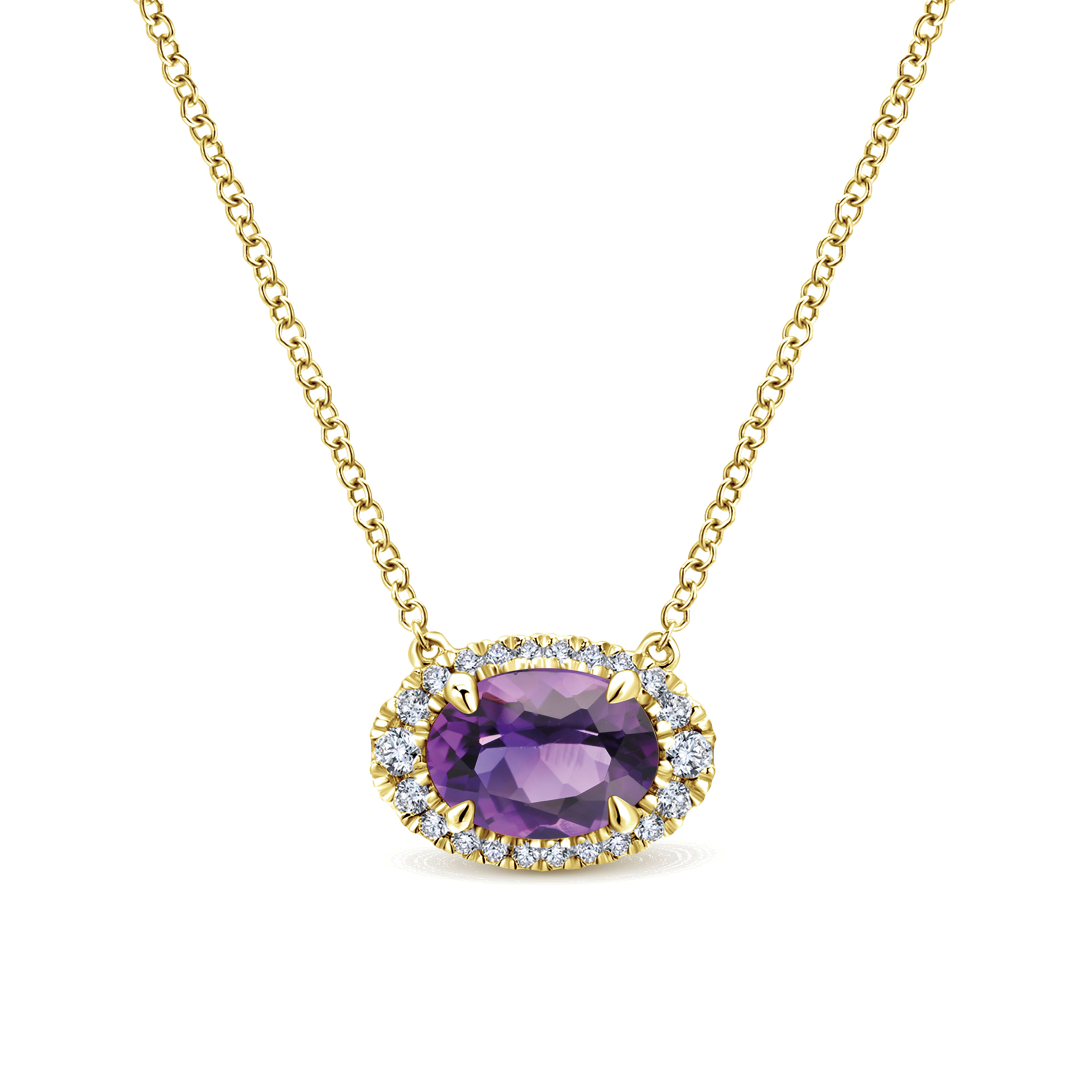 14K Yellow Gold Oval Amethyst and Diamond Halo Pendant Necklace