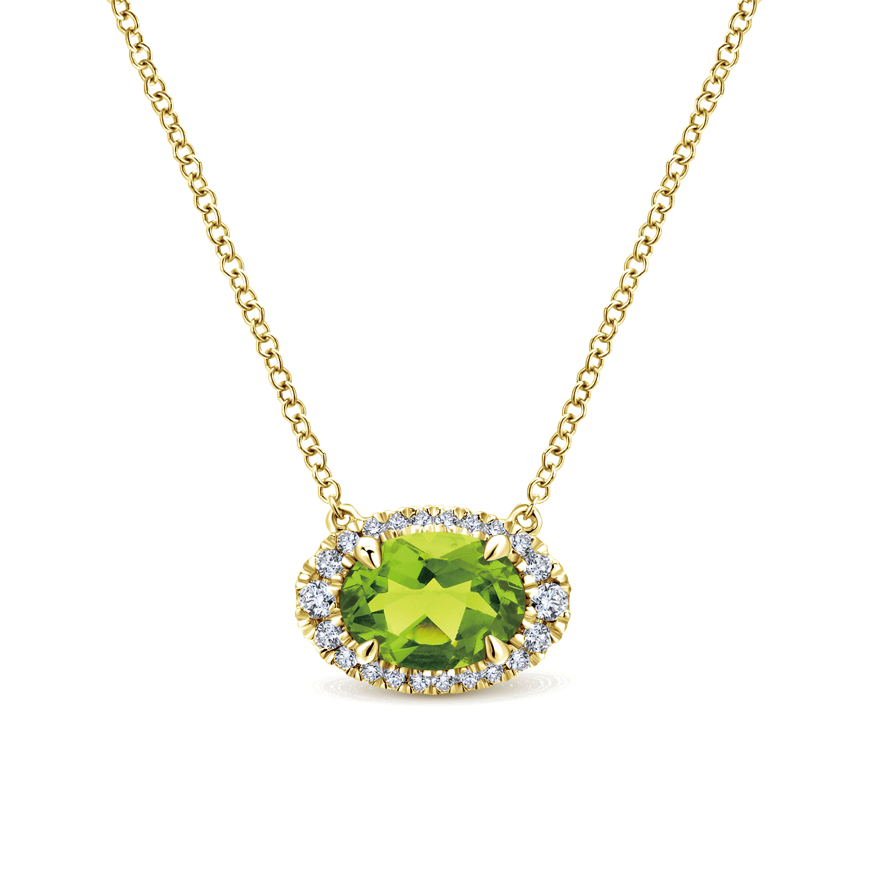 14K Yellow Gold Oval Peridot and Diamond Halo Pendant Necklace