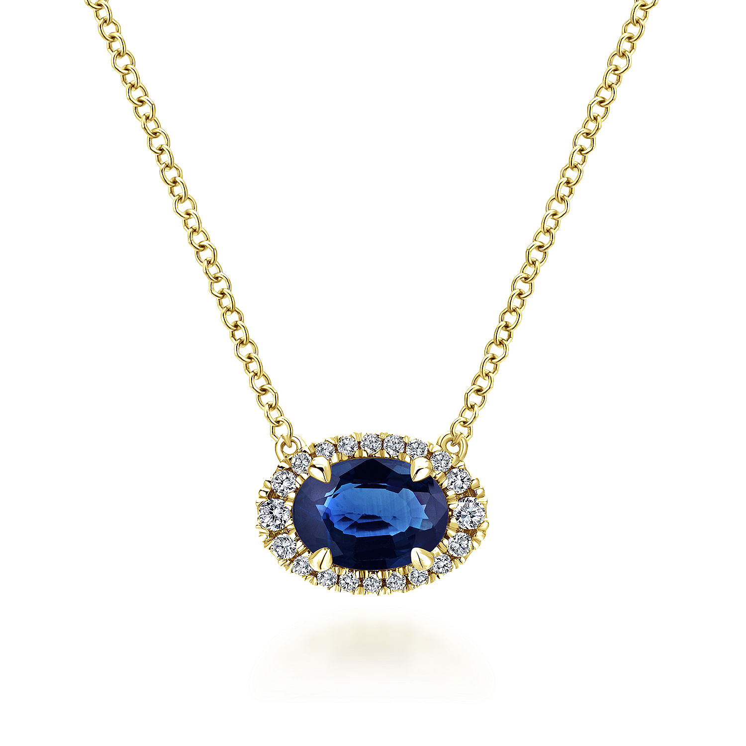 14K Yellow Gold Oval Sapphire and Diamond Halo Pendant Necklace