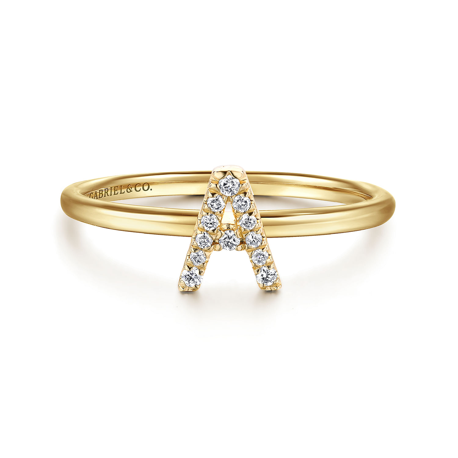 14K Yellow Gold Pave Diamond Uppercase A Initial Ring