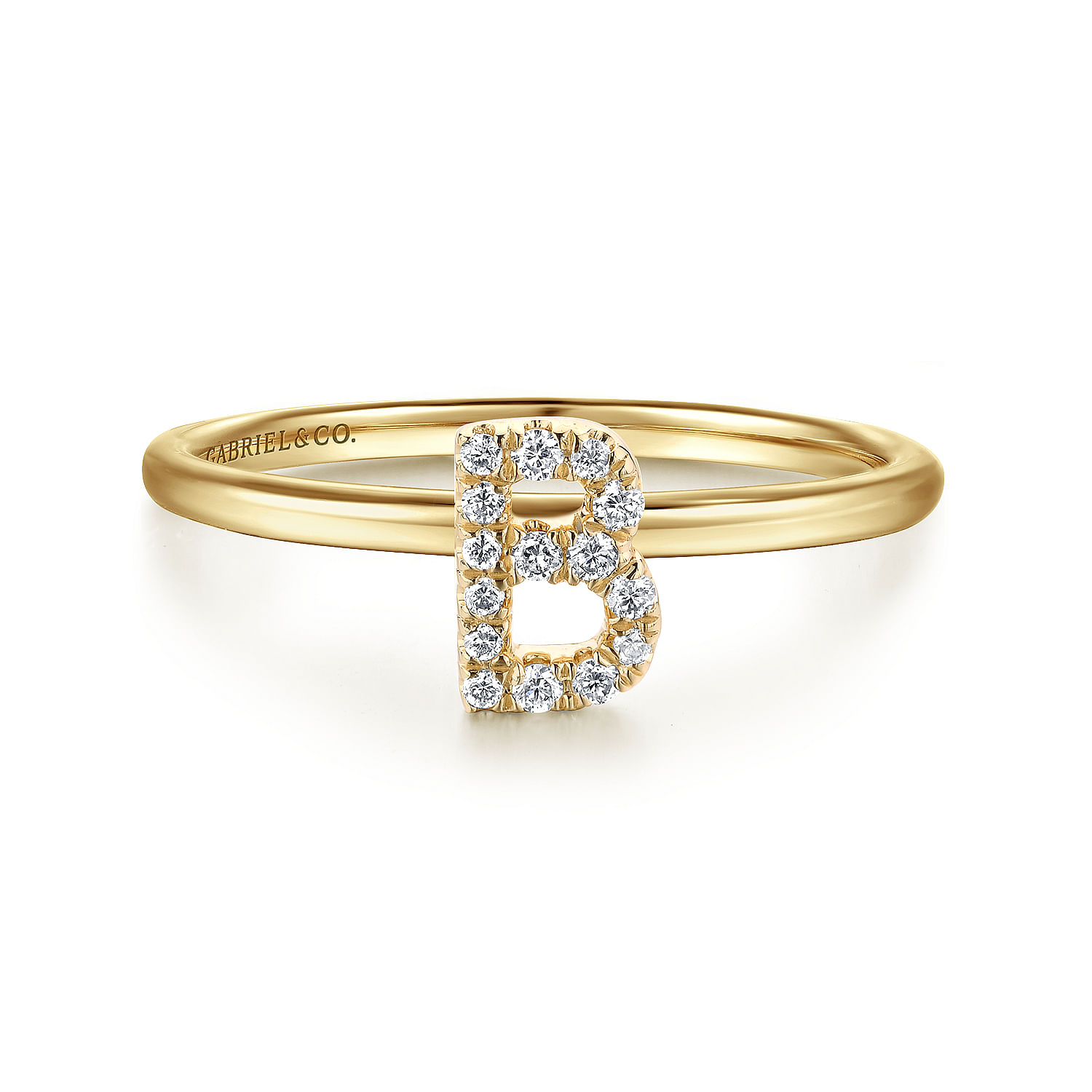 14K Yellow Gold Pave Diamond Uppercase B Initial Ring