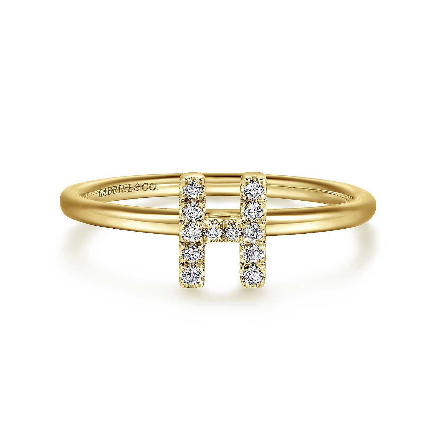 14K Yellow Gold Pave Diamond Uppercase H Initial Ring