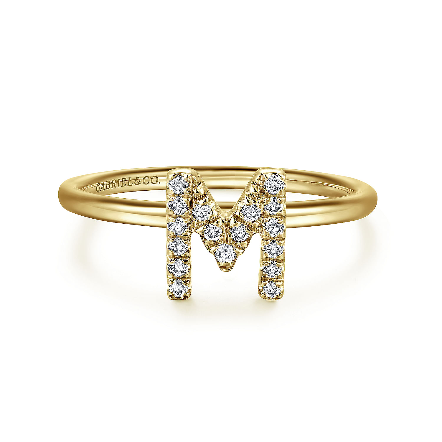 14K Yellow Gold Pave Diamond Uppercase M Initial Ring