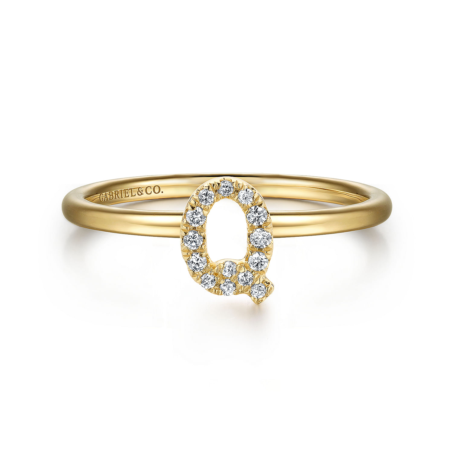 14K Yellow Gold Pave Diamond Uppercase Q Initial Ring