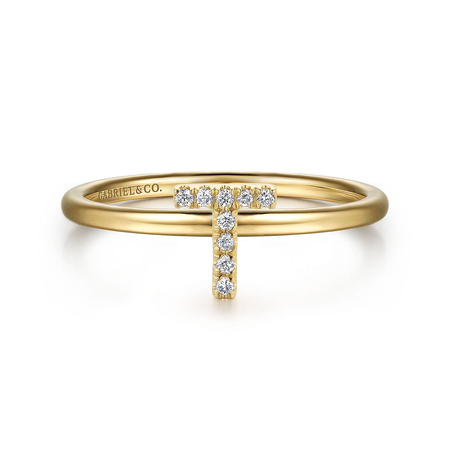 14K Yellow Gold Pave Diamond Uppercase T Initial Ring